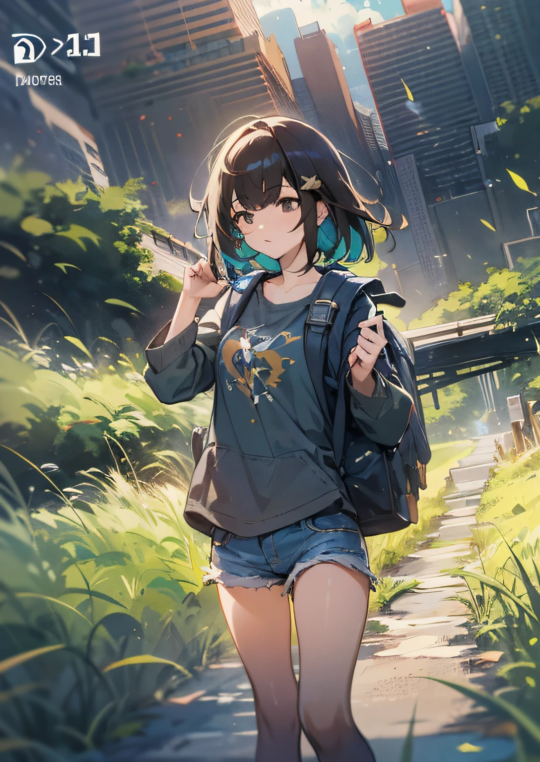 (beautiful and magnificent skyline, majestic sky), (extremely tense and dramatic pictures, moving visual effects), (high hanging Polaris, colorful natural light), (1girl), (long-sleeved top, denim shorts, carrying a backpack), (dynamic pose:1.3, black eyes, black hime-cut hair, sparkling girl)[:0.8], (large grassland), (oncoming breeze), (brown hair and background Coordination effect: 1.2), (close shot, long shot mix and match)[::0.9]