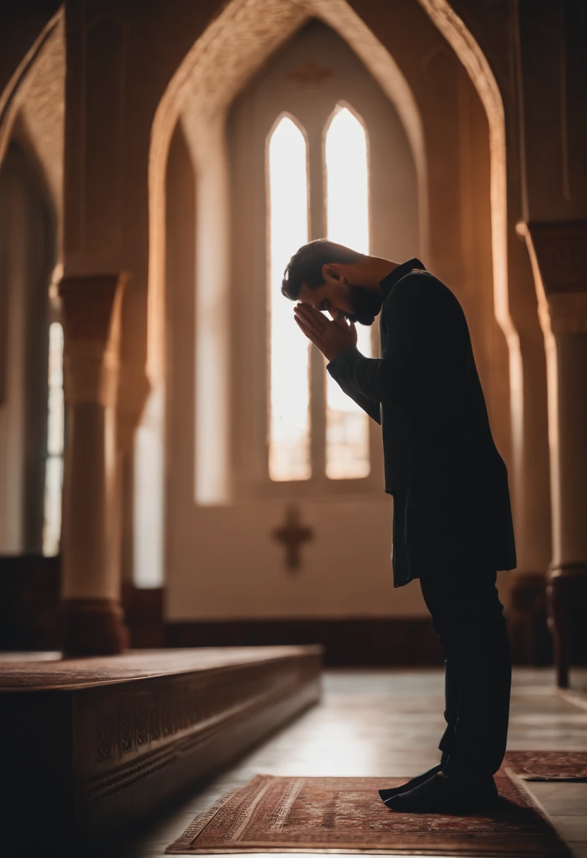A young man praying in a beautiful mosque.