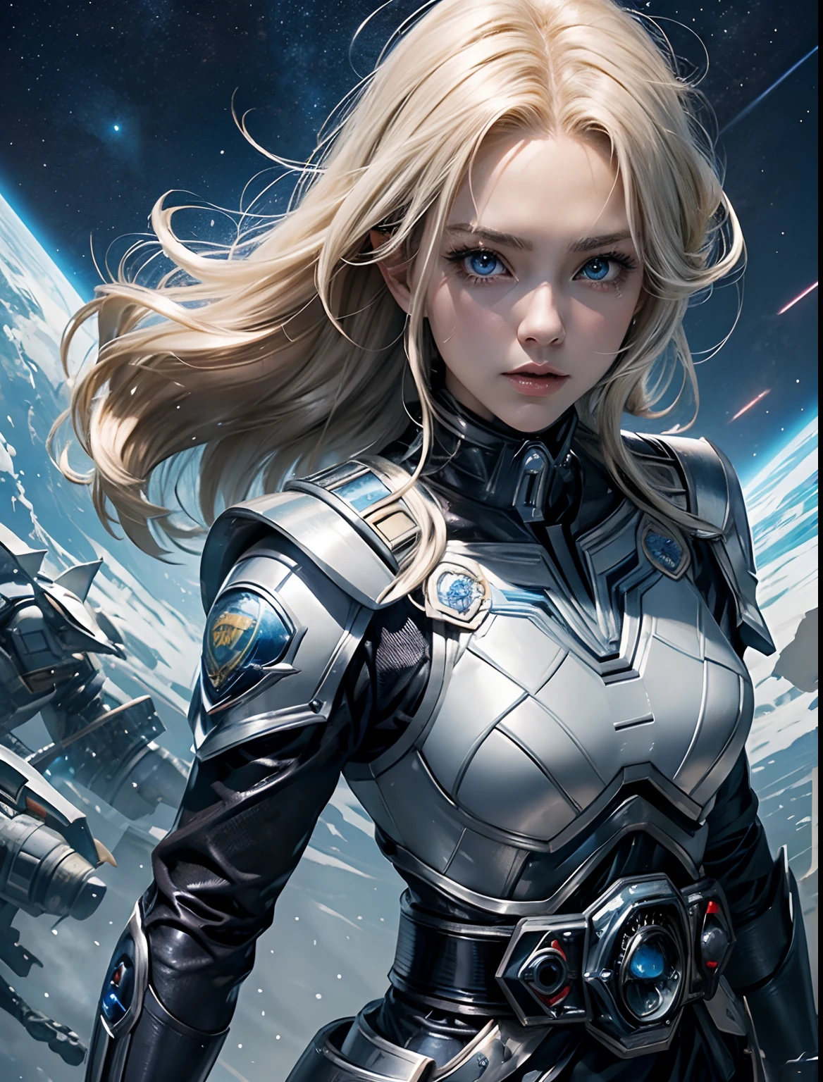 A beautiful woman. Blonde hair and blue eyes. She is wearing a silver battle uniform. ((At the waist of the battle uniform is a Kamen Rider transformation belt.)) Image of space battleship and outer space on female background. 8K image quality. cyber punk.