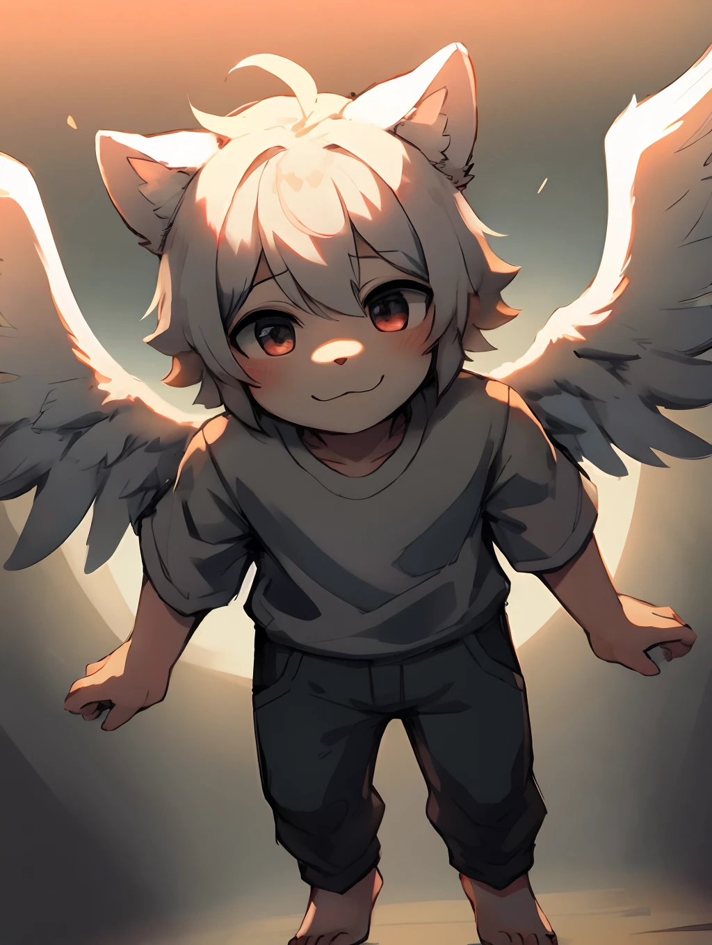 Shota,White color hair ,male people,Q version,(ddlers,ba adolable, standing on your feet, Master masterpieces, A high resolution,8K,detailedbackground,high high quality,Libido boy,(((独奏))),(Angel wings,angelic halo,White clothes,The barefoot:0.6),looking at viewert,angle of view,From above,Dreamlike,magical,baiyun,(Warm light source:1.2),upper sky,On the clouds,A happy expression,shorter pants