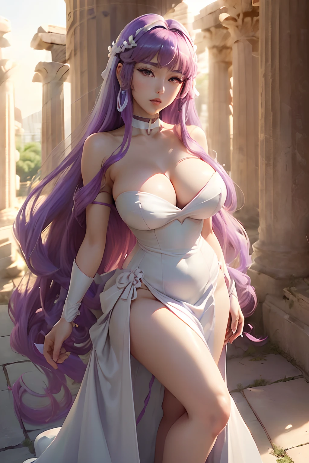 ((Saori kidoh from saint seiya animated series)) ((beautiful face)) (red lips) ((very long light purple straight hairstyle with bangs)) ((very huge breasts) (perfect slim body) ((wears strapless white long dress)) ((choker)) ((posing sexy inside greek temple garden)) (high definition, dynamic lights and shadows) ((masterpiece)) (8k) (perfect face) (best quality) (perfect hands)