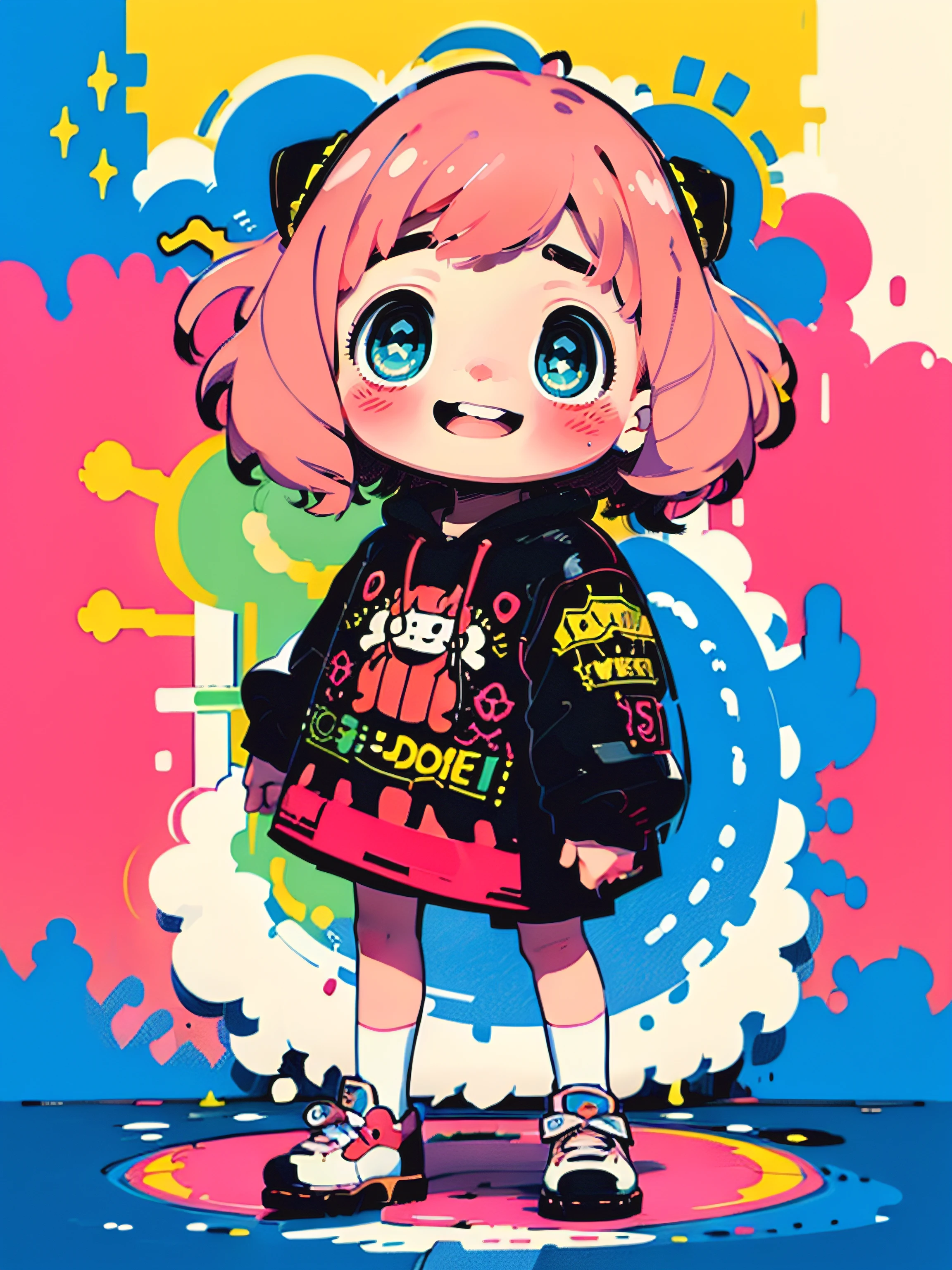 (best quality,ultra-detailed,photorealistic:1.37),1child,solo,Anya forger,anime,cute,playing,pink hair,fixed hand,smiling,full body,illustration,soft shading,bright colors,lively expression,sparkling eyes,pastel background,cartoon style