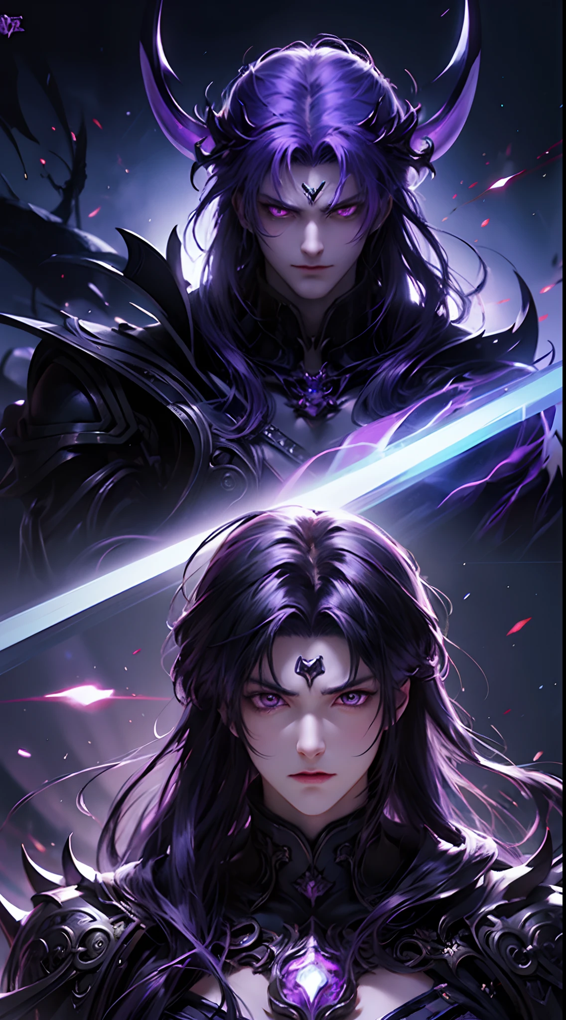 anime character with purple hair and glowing eyes in front of a dark background, handsome guy in demon slayer art, epic fantasy art style, badass anime 8 k, epic fantasy digital art style, detailed digital anime art, human male demon, portrait of hades, epic fantasy art style hd, fierce expression 4k, demon male, extremely detailed artgerm