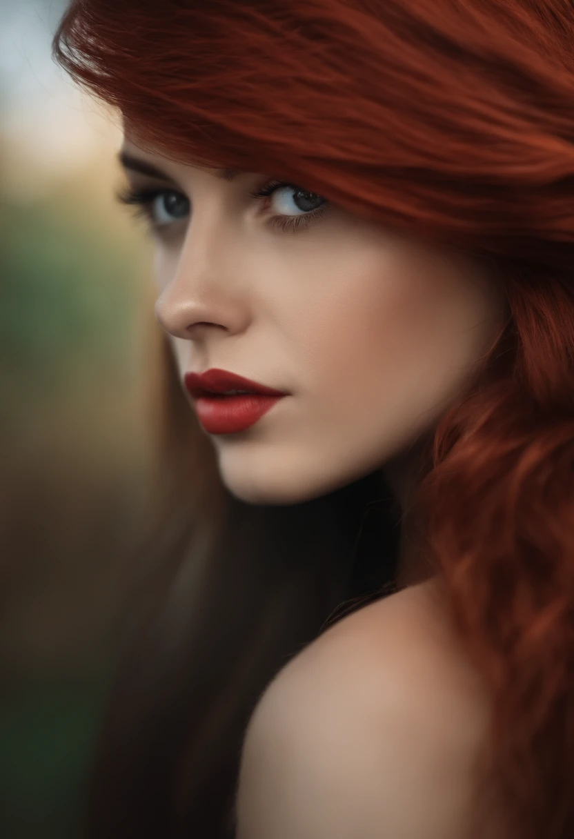 Red Hair Master Piece, mulher jovem 18 anos, rosto detalhado com pinta embaixo do olho esquerdo, olhos puxados, mostre bem os peitos