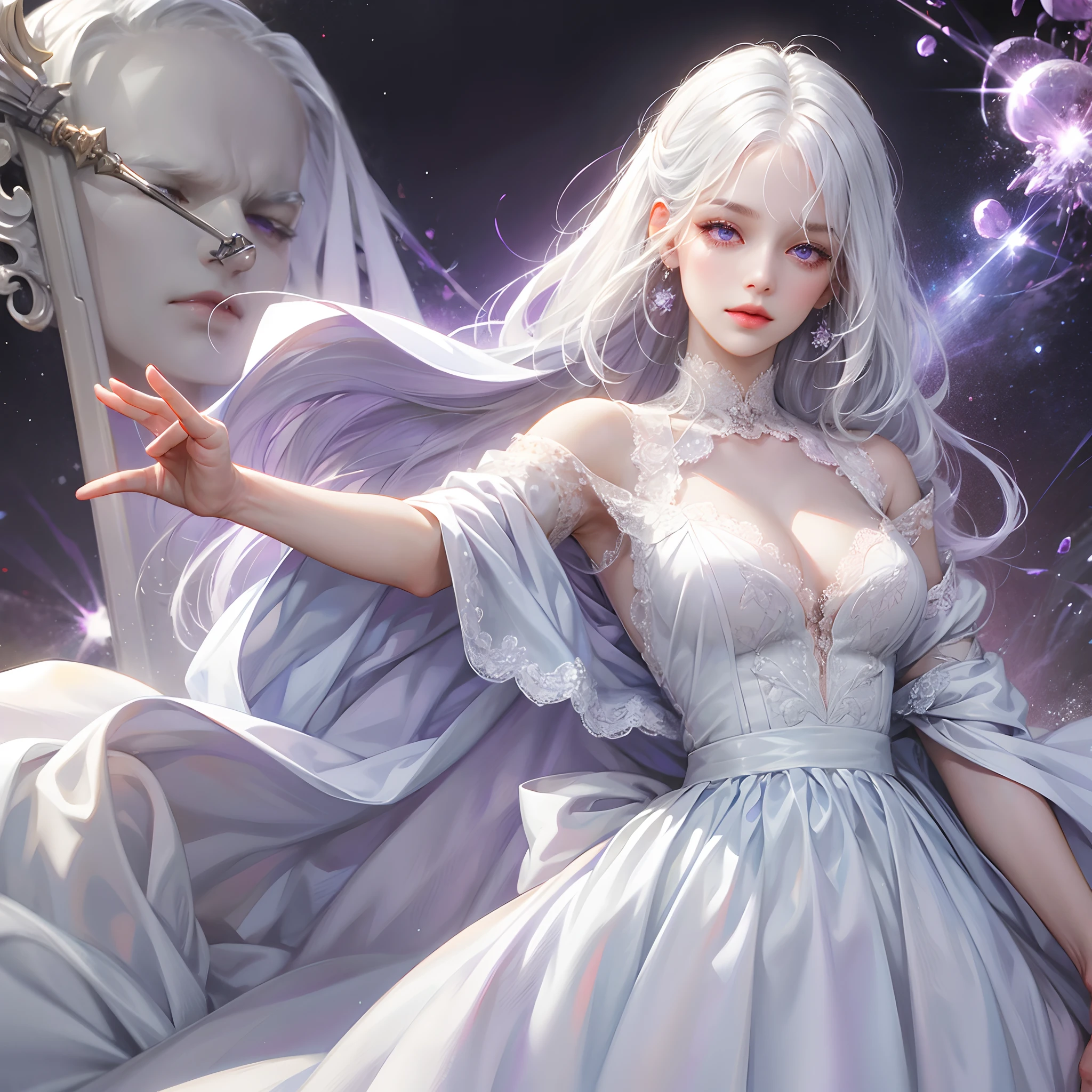 a women, white hair, purple eyes, white dress