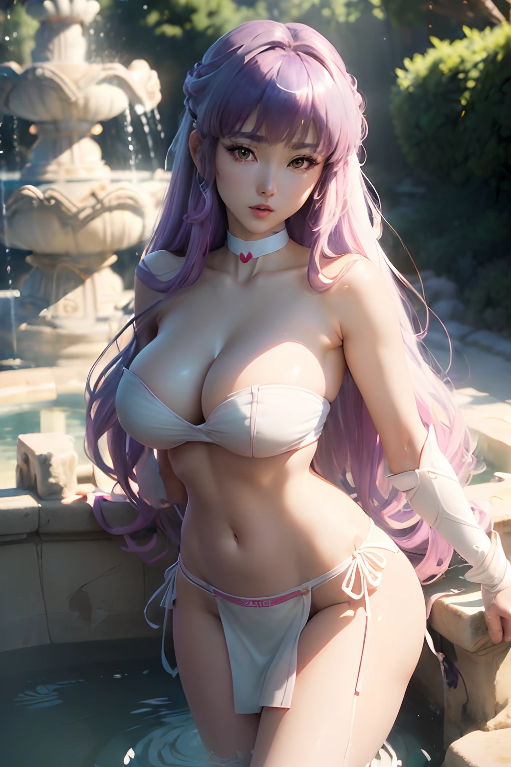 ((Saori kidoh from saint seiya animated series)) ((beautiful caucasian face)) (red lips) ((very long light purple straight hairstyle with bangs)) ((very huge breasts) (perfect slim body) ((wears white strapless tiny string thong)) ((choker)) ((posing sexy inside greek fountain)) (high definition, dynamic lights and shadows) ((masterpiece)) (8k) (perfect face) (best quality) (perfect hands)