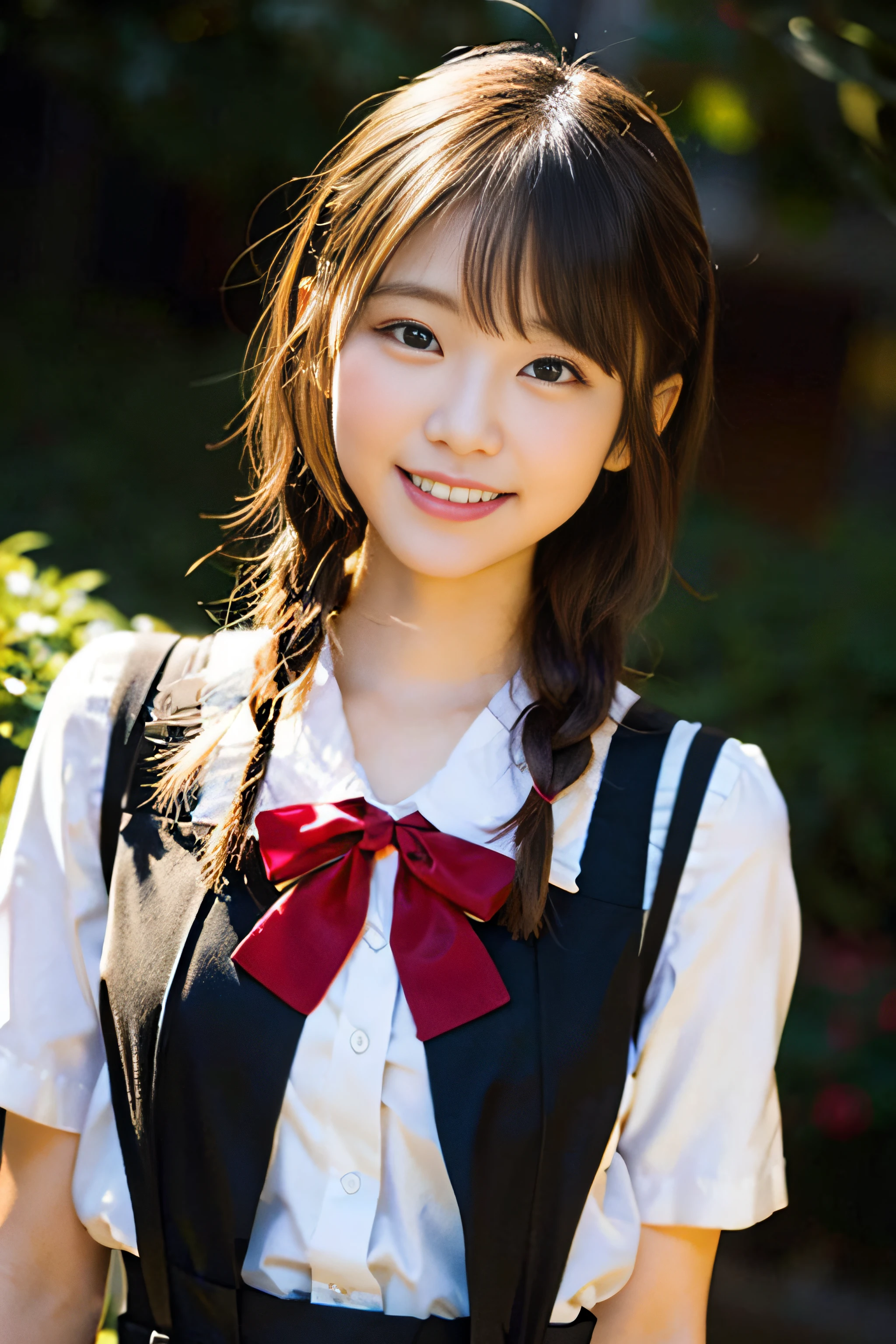 (8K、Raw photography、top-quality、masterpiece:1.2)、(realisitic、Photorealsitic:1.37)、ultra-detailliert、超A high resolution、女の子1人、see the beholder、beautifull detailed face、A smile、Constriction、(Slim waist) :1.3)、Beautiful detailed skin、Skin Texture、Floating hair、Professional Lighting、Whole human body、a blond、japanese hight school uniform、hi-school girl、School route、autumnal、Colored leaves、Red ribbons、Bob Hair、Happy smile、Suppin、Pigtails hairstyle、Braids