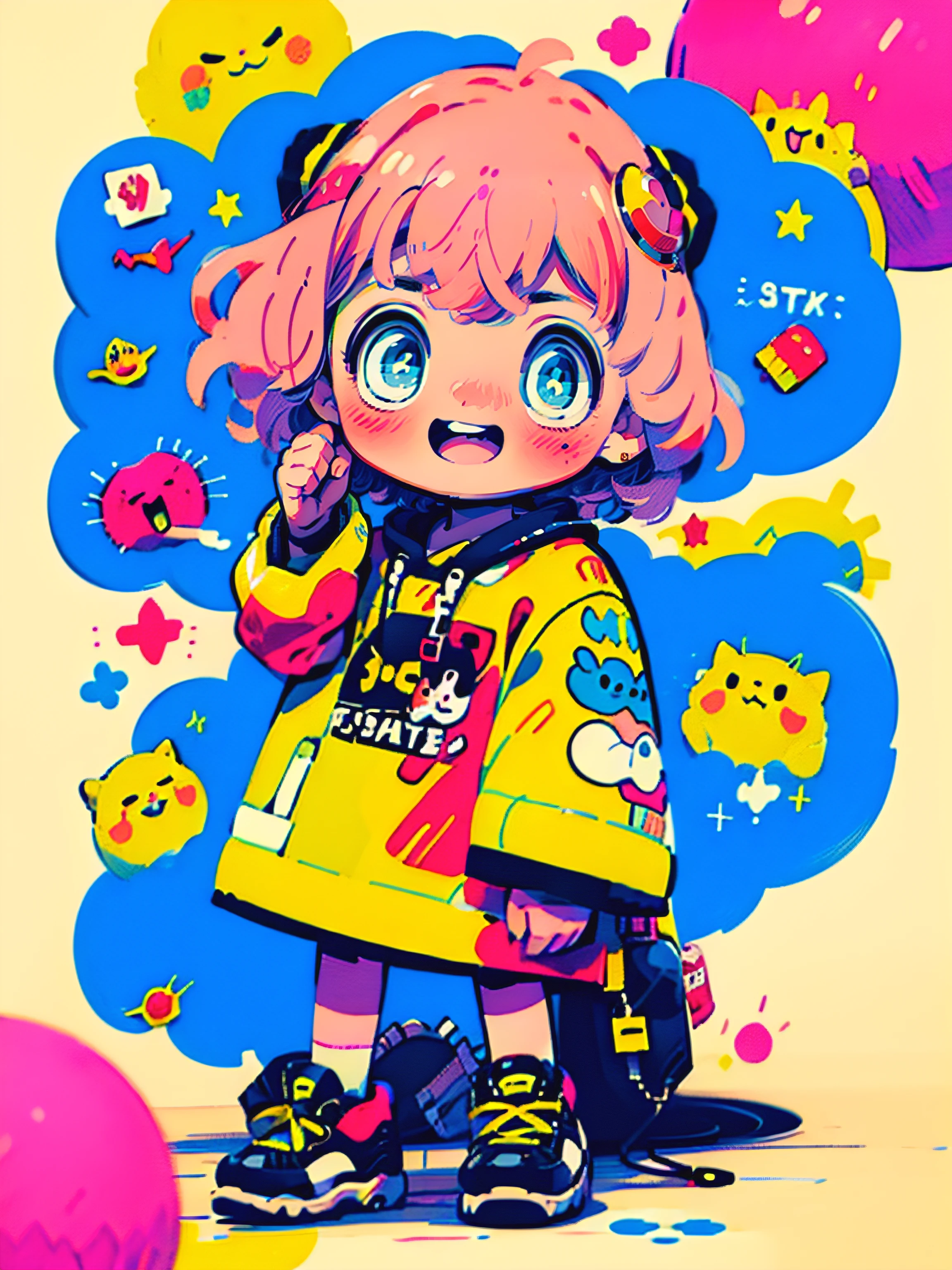 (best quality,ultra-detailed,photorealistic:1.37),1child,solo,Anya forger,anime,cute,playing,pink hair,fixed hand,smiling,full body,illustration,soft shading,bright colors,lively expression,sparkling eyes,pastel background,cartoon style