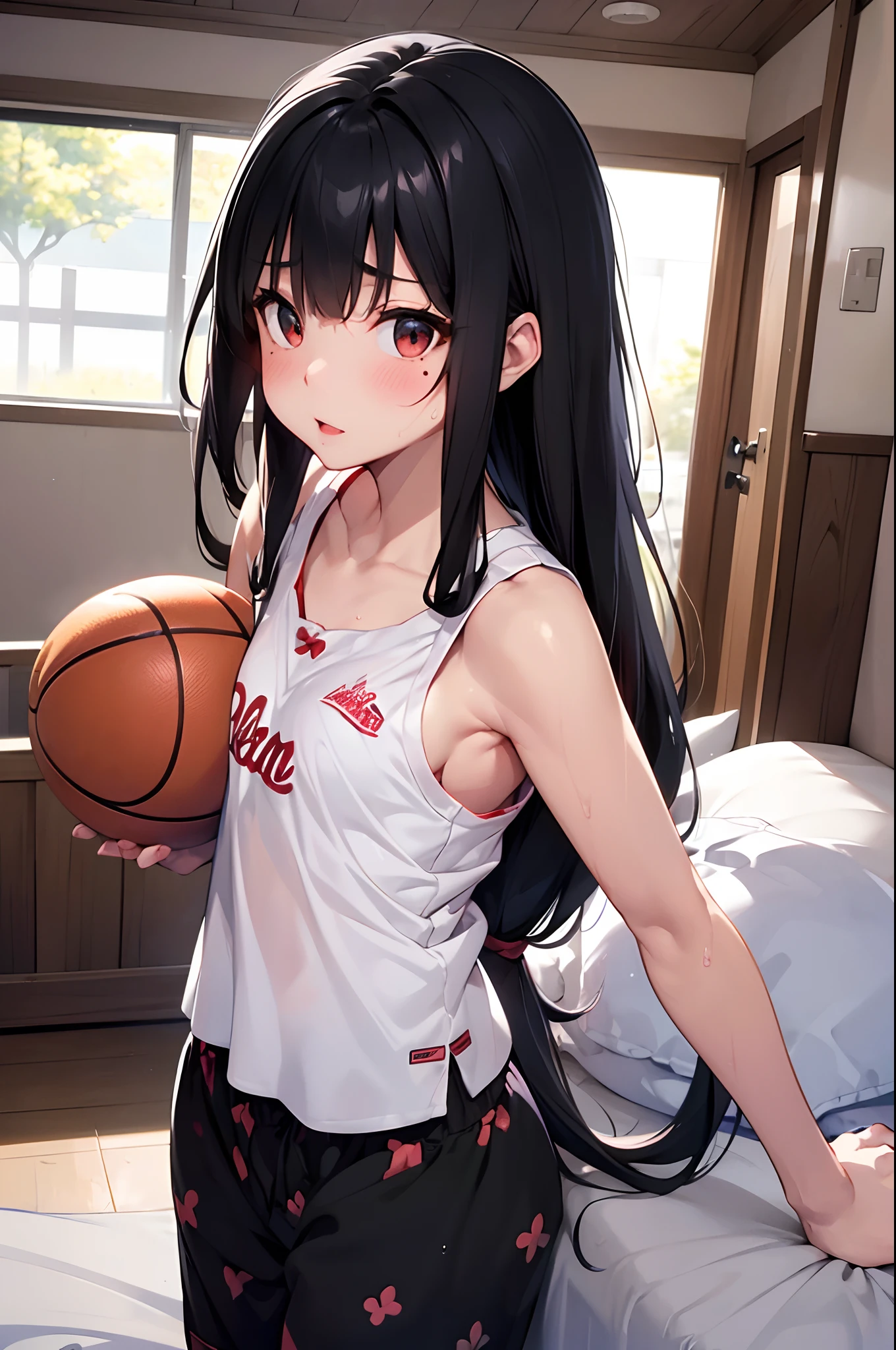(masterpiece:1.3), (best quality:1.1), (8k, ultra detailed, ultra high res:1.2), ((anime style)), perfect 5 fingers, perfect anatomy, 
1girl,
BREAK long hair, braid, 
black hair, 
red eyes, 
(medium breasts:0.9), 
basketball wear, 
looking at viewer, cowboy shot, 
perfect light, 
(detailed background:1.2), inside, indoors, Gymnasium, basketball, 