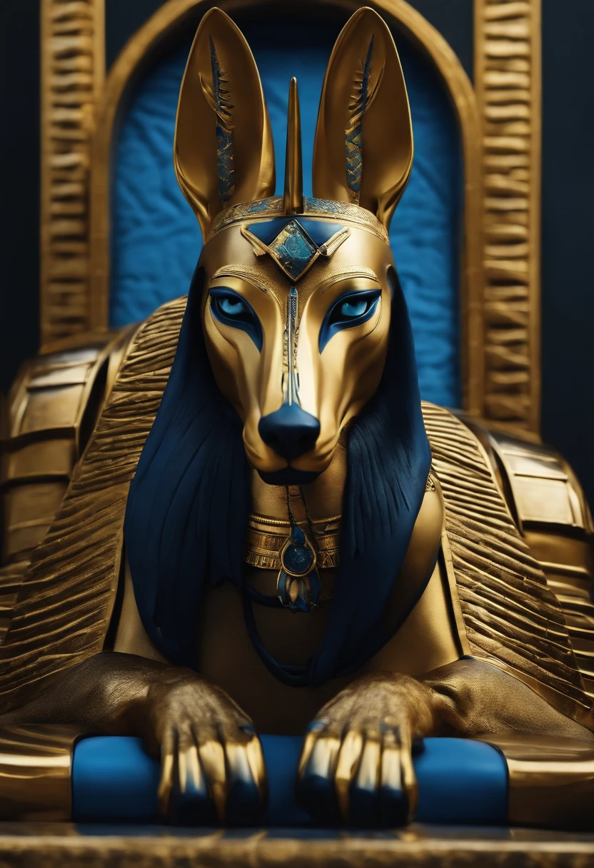 Imagen de Anubis, Necesita ser realista con los colores, Negro, Dorado y Azul, sentado en un trono de oro reluciente
