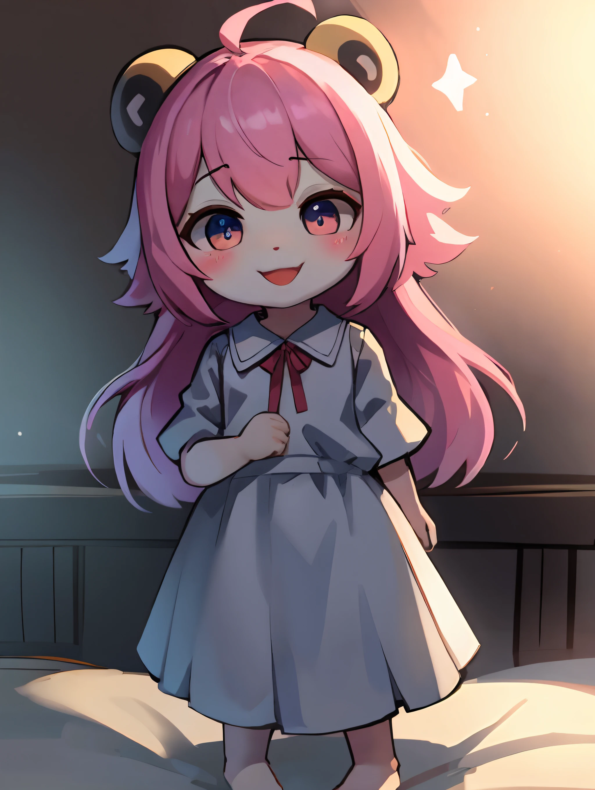 Shota,Pink hair ,femele,Q version,(ddlers,ba adolable, standing on your feet, Master masterpieces, A high resolution,8K,detailedbackground,high high quality,(((独奏))),Go to bed,The barefoot:0.6),looking at viewert,Dreamlike,magical,baiyun,(Warm light source:1.2),upper sky,On the clouds,A happy expression,white dresses,