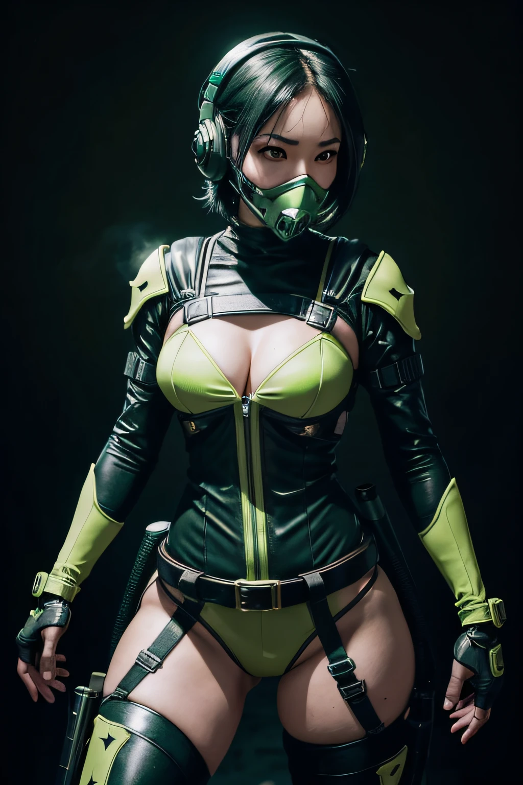 beautiful japanese young woman, extreme detailed, bodysuit, gloves, belt, thigh boots, (valorantViper:1.2), bodysuit, gloves, belt, thigh boots, respirator, looking at viewer, face, portrait, close-up, green, slender, (combat ready stance), (tactical outfit), (solo character), (gaming theme:1.5), short hair, green, (black hair), (milittary gear), (gas mask:0.4), (poisonous green:1.2), (glowing effects),