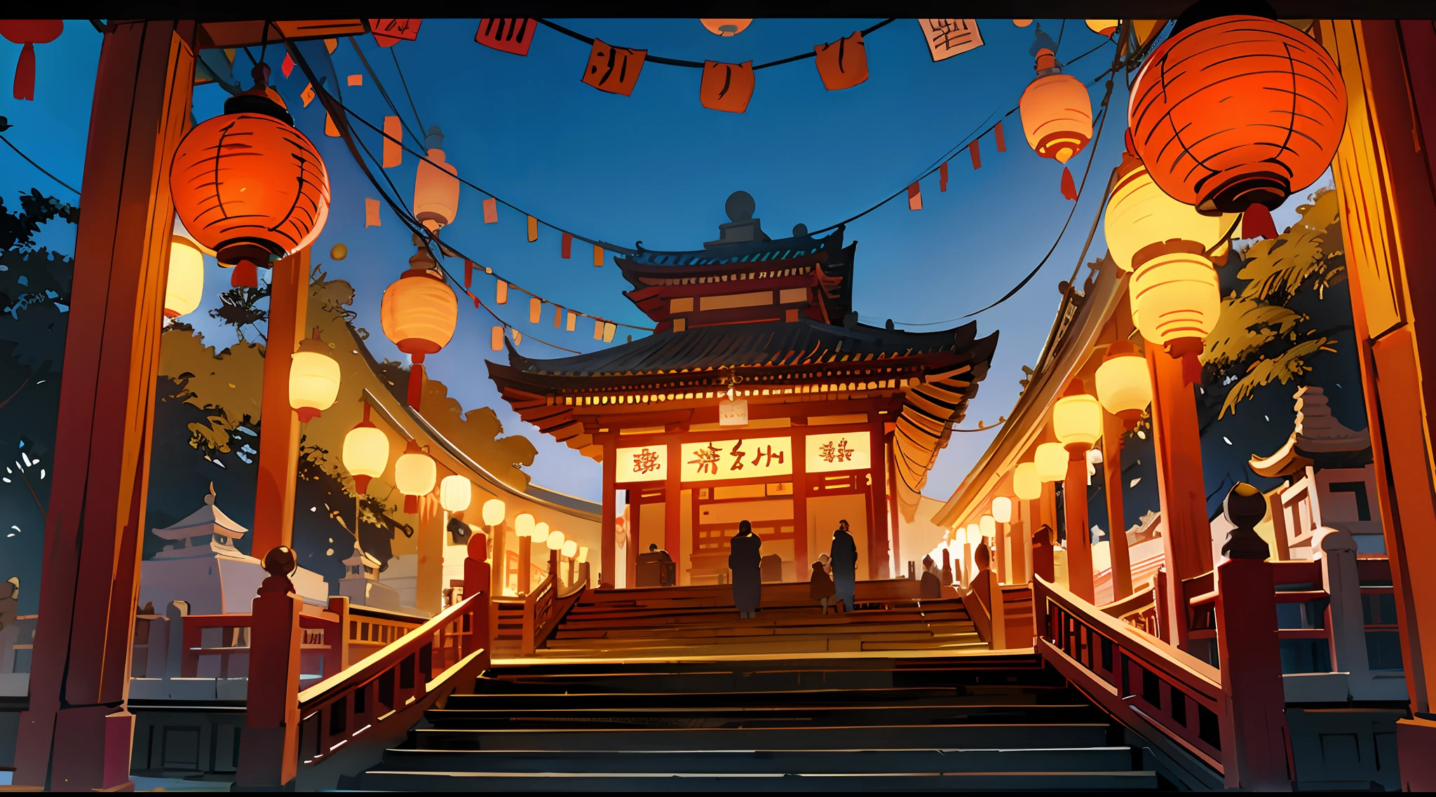 Majestic shrines and temples at the time of the first visit,Lanterns are decorated.,There are fortune tellers and dumpling stalls.,There are a lot of New Year's decorations,