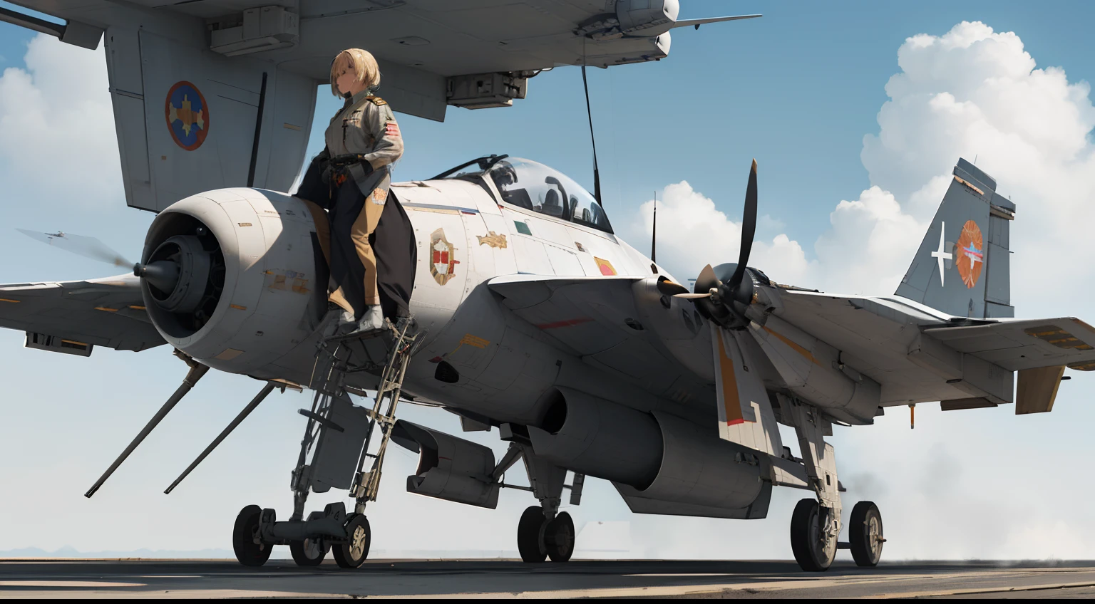 masutepiece, Realistic, Science Fiction, Realistic sci-fi movies, Detailed fighter, (See Imperial Commander Uniform World War I Russia : 1.8 ),Realistic high-tech fighter, Cinematic Camera Angles, The most realistic shades, details in environment,( Beautiful CG :1.4 ),Stand on top of a flying aircraft carrier,