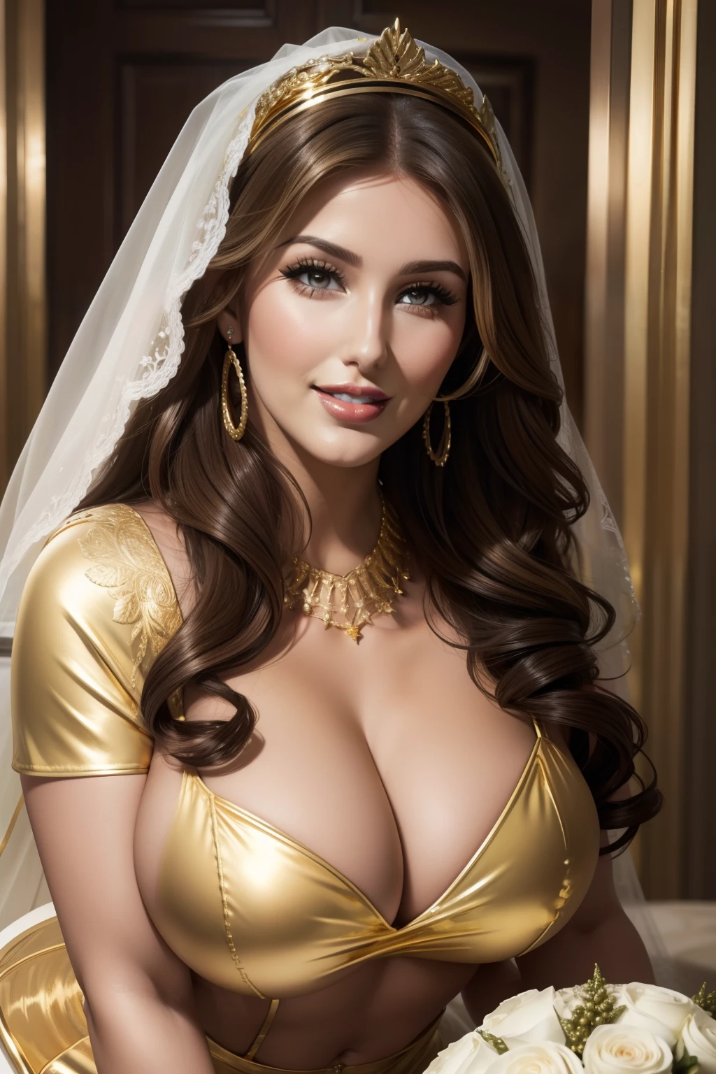 lucy pinder, face portrait, beautiful woman, beautiful face, smiling, fat woman, ((gold lipstick)), Barbie, bride.