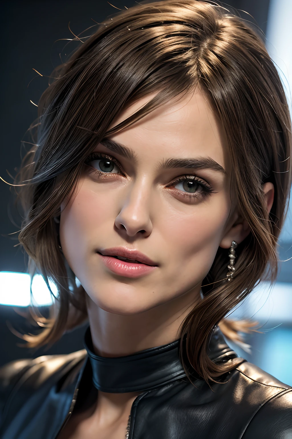 Keira Knightley ,Captivating appearance,olhos verdes,Smiling lips,olhar apaixonado,terno sedutor de mulher-gato de corpo inteiro,modelo de passarela,1.8m de altura,cabelo amarrado ,com traje futurista  corpo inteiro ,olhar consquitador , hyper realismmo alta 1.80 de altura cena cinematografica ,action, traje liso branco brilho , roupagem justa ,colada   , quadril grande robusto , olho sex