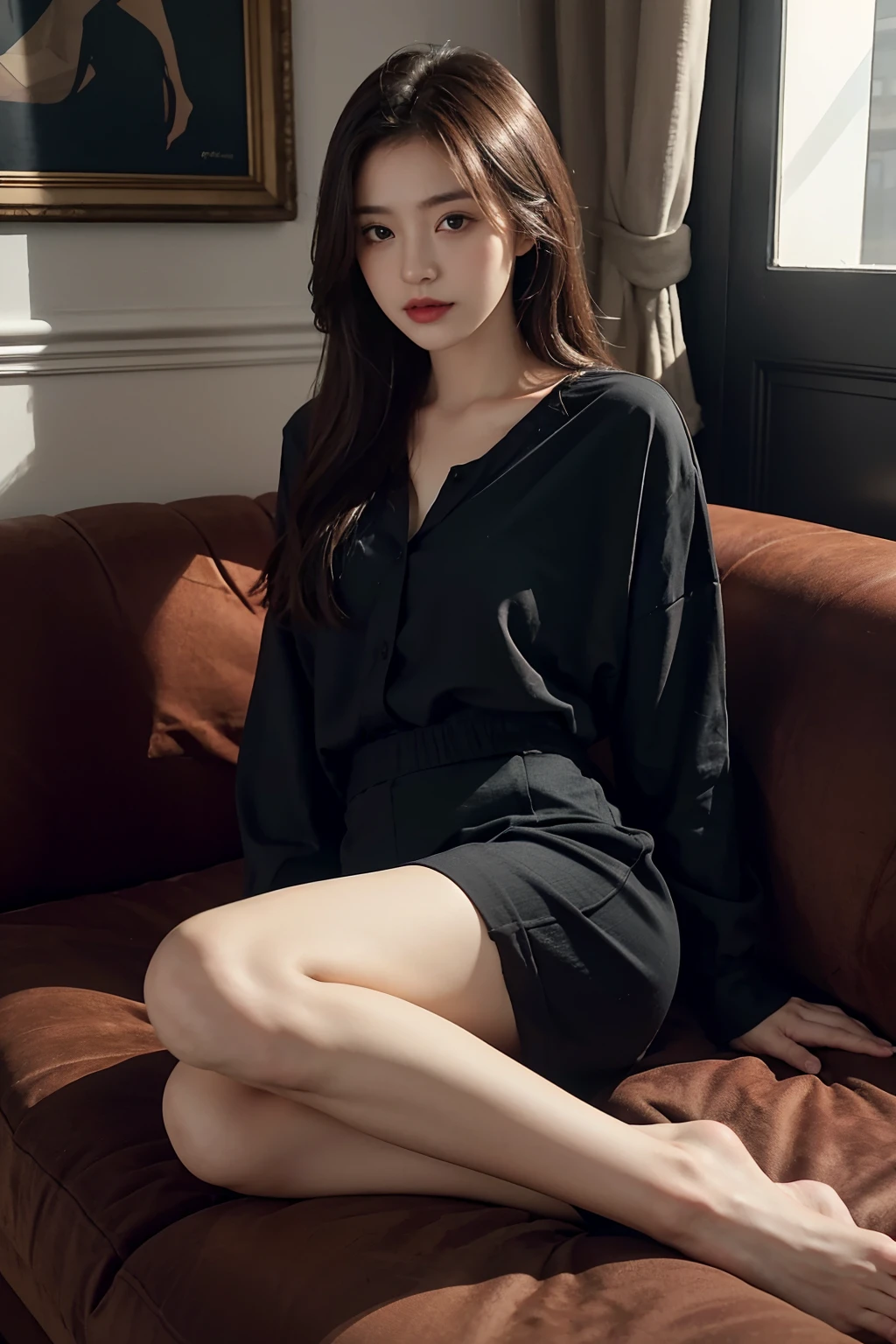 1girll,Sit on a comfortable sofa,Cross ed leg,Complete clothes,Soft light,blacksilk,Sexy look