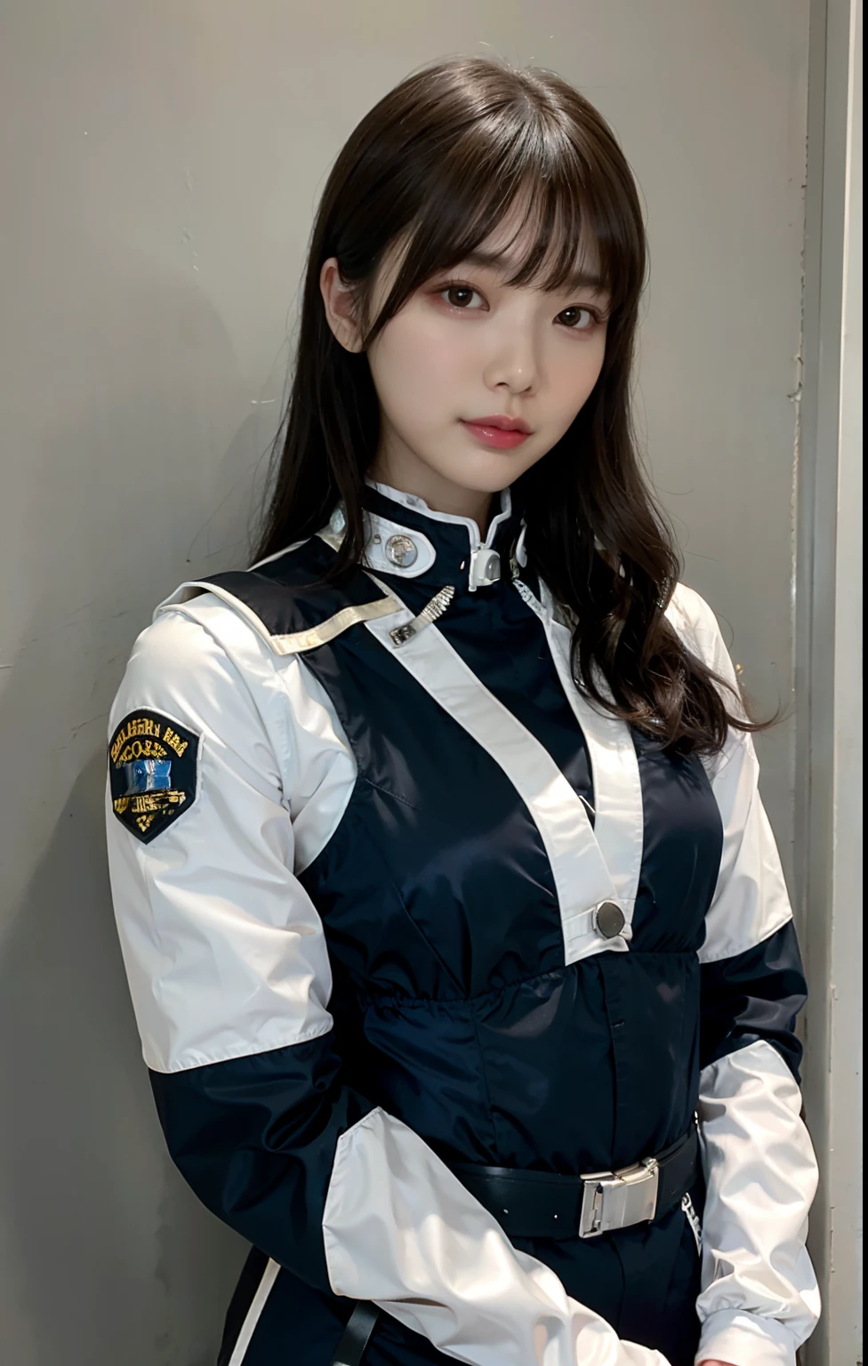 Highest image quality, outstanding details, ultra-high resolution, (realism: 1.4), the best illustration, favor details, highly condensed 1girl, with a delicate and beautiful face, ((cowboy shot)), (wearing warm racing suit likes police uniform, black and gray mecha, military harness, holding a machinegun), background grey wall,