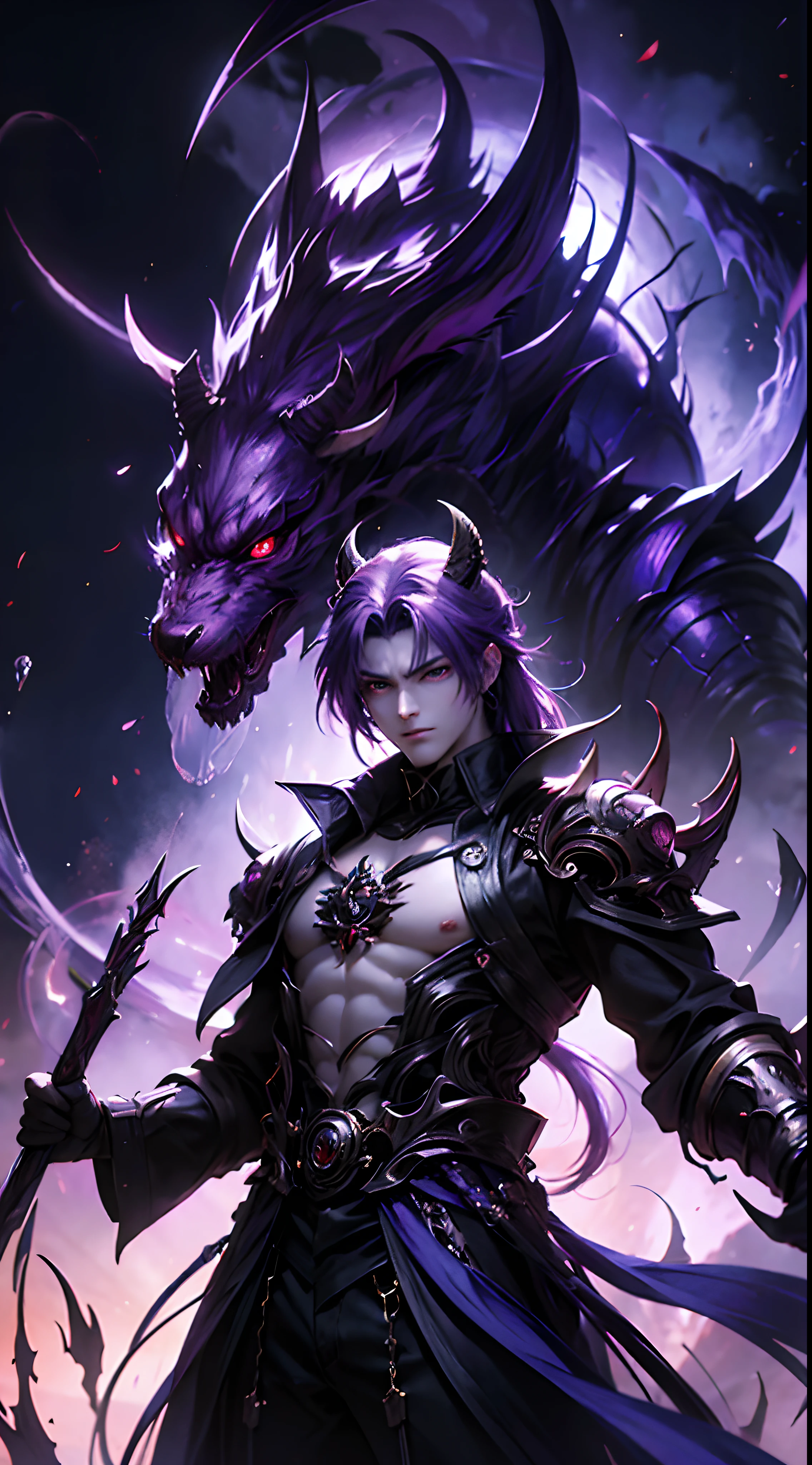 anime character with purple hair and glowing eyes in front of a dark background, handsome guy in demon slayer art, epic fantasy art style, badass anime 8 k, epic fantasy digital art style, detailed digital anime art, human male demon, portrait of hades, epic fantasy art style hd, fierce expression 4k, demon male, extremely detailed artgerm