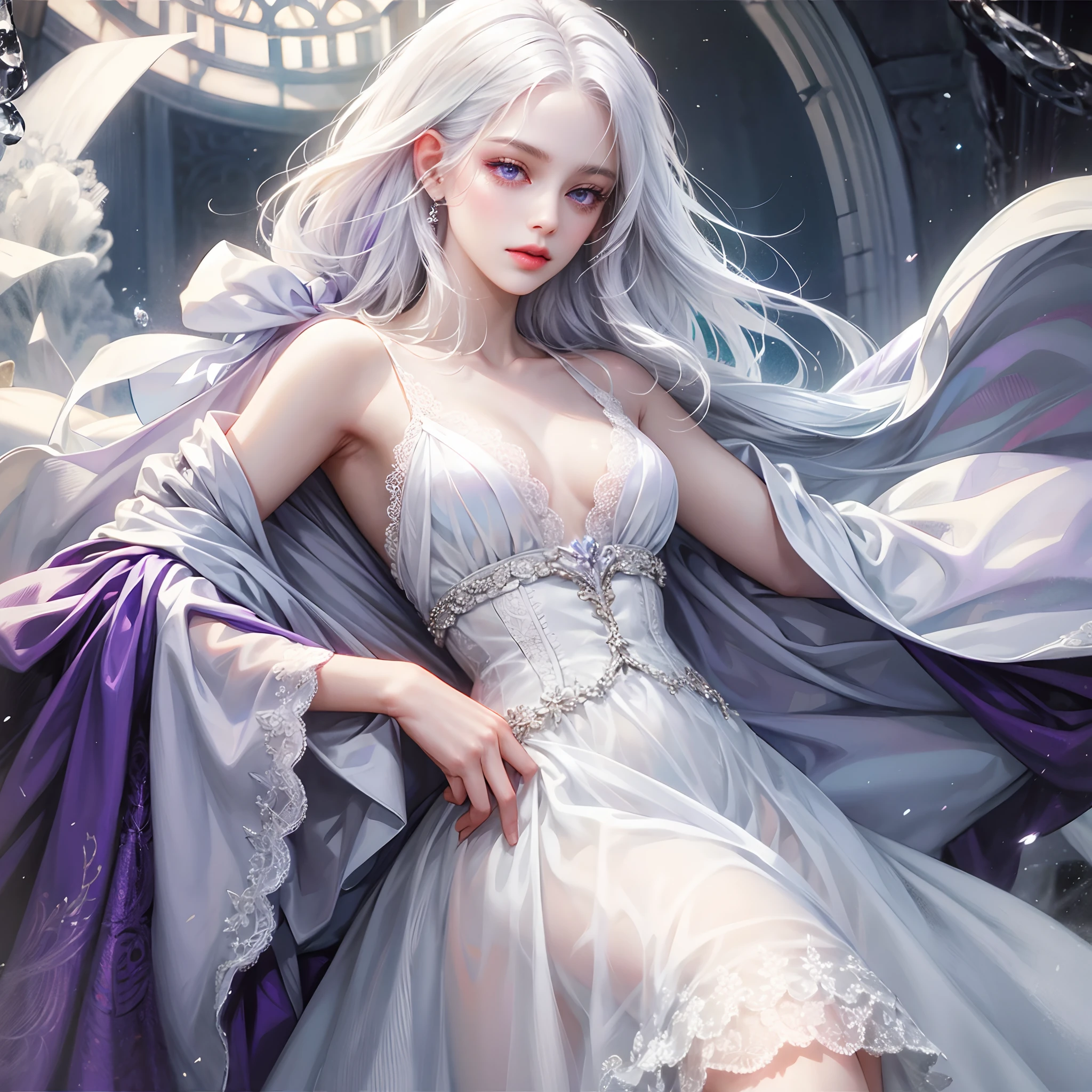 a women, white hair, purple eyes, white dress