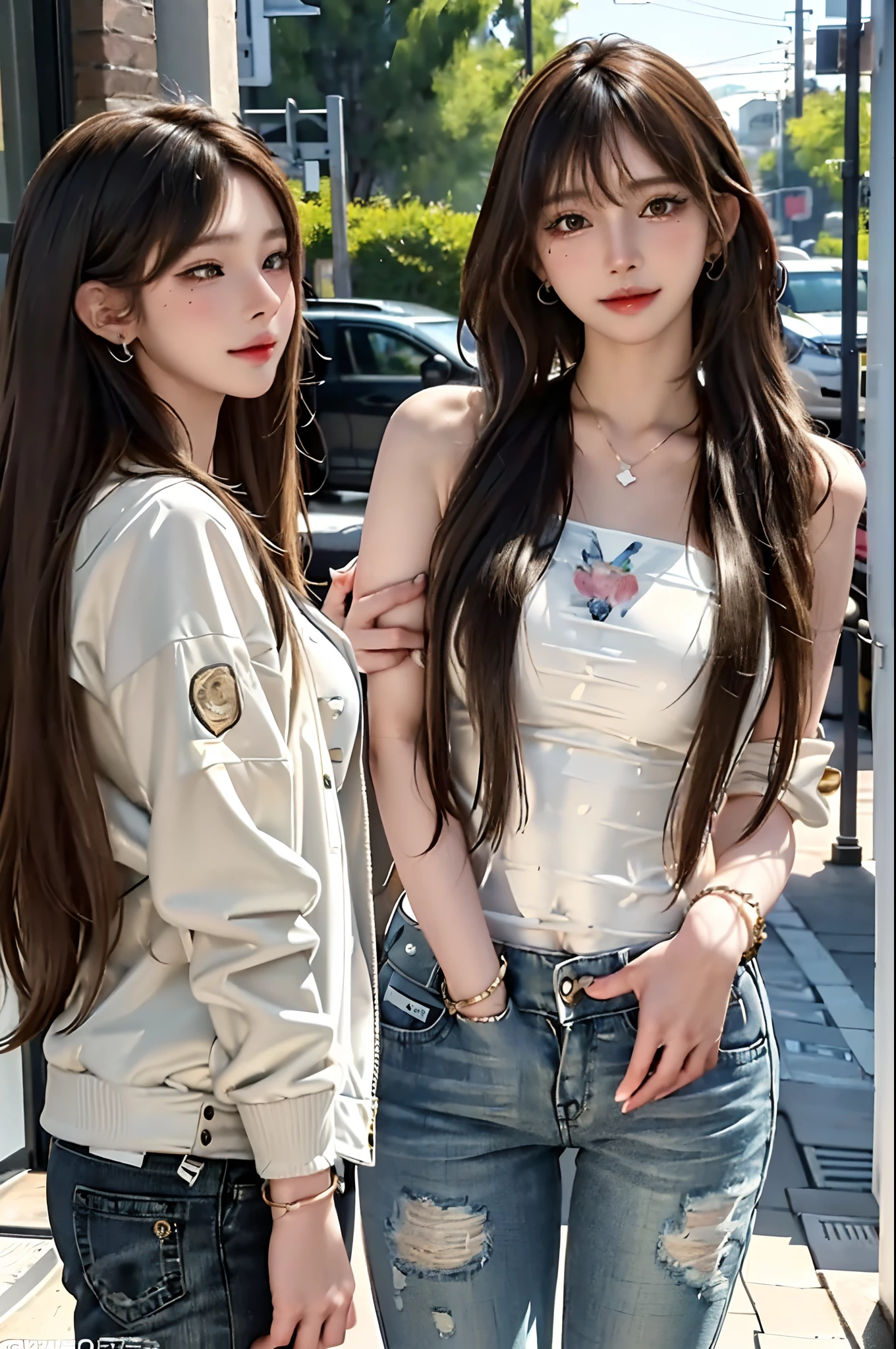 (masterpiece, best quality), (photo realistic), (intricate detail, Detailed Face), HDR, 2girls,duo,leering:1.4,dynamic pose, pretty girls
front view, Look at the camera,
Light smile,
variety of hairstyles,
(variety of styles Jacket Print, variety of styles Top, variety of styles Pants),
Various earrings,
Variety of necklaces,
Various bracelets,