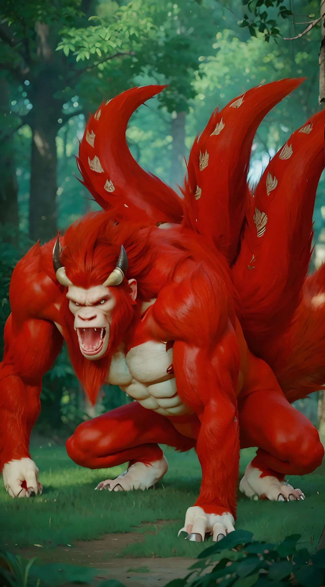 Realistic giant ape monster with red hair, has the same horns, has the same fangs, angry expression, has 4 tails, muscular body, realistic light, realistic shadow, realism, hyper realistic,(photorealistic:1.2)