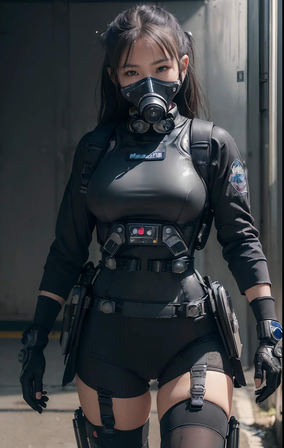 ((best quality, (masterpiece), photorealistic, photorealism, Photorealistic, high resolution)), 1girl full body, Combat pose, (Detailed face), (wearing rash-guard likes police uniform, gloves, black and grey mecha, wearing futuristic-gasmask, military harness, holding a machinegun, carrying hich-tech-launcher), background grey, Fingers are occluded
