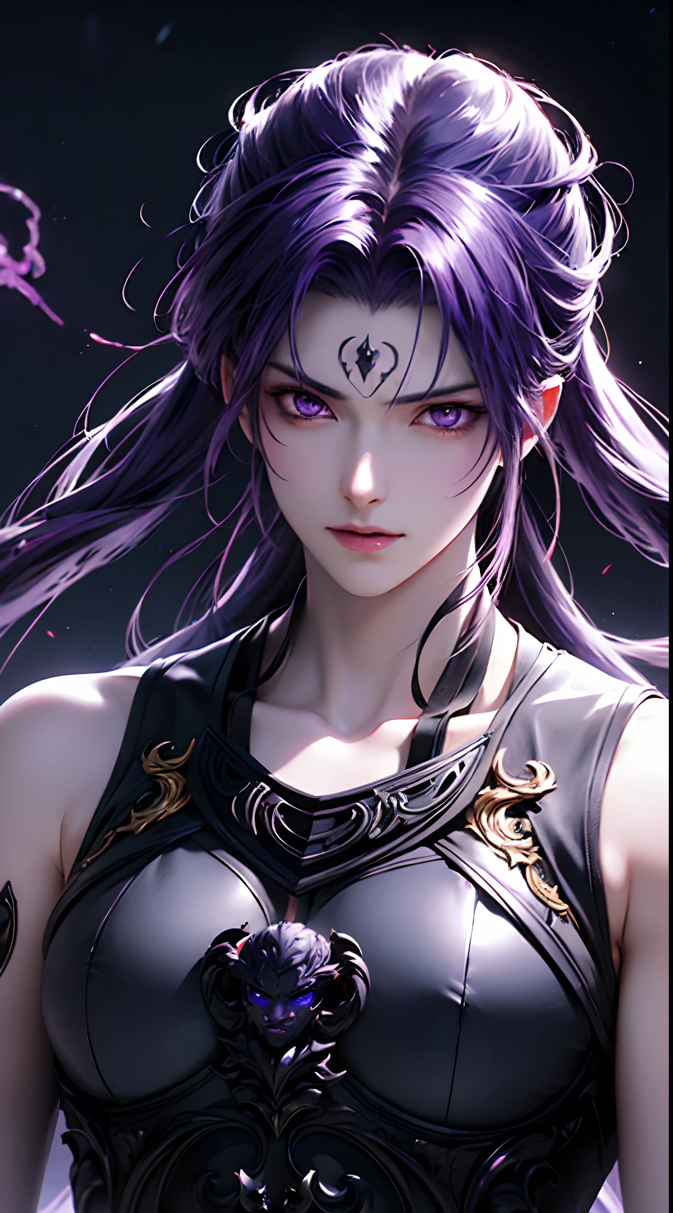anime character with purple hair and glowing eyes in front of a dark background, handsome guy in demon slayer art, epic fantasy art style, badass anime 8 k, epic fantasy digital art style, detailed digital anime art, human male demon, portrait of hades, epic fantasy art style hd, fierce expression 4k, demon male, extremely detailed artgerm
