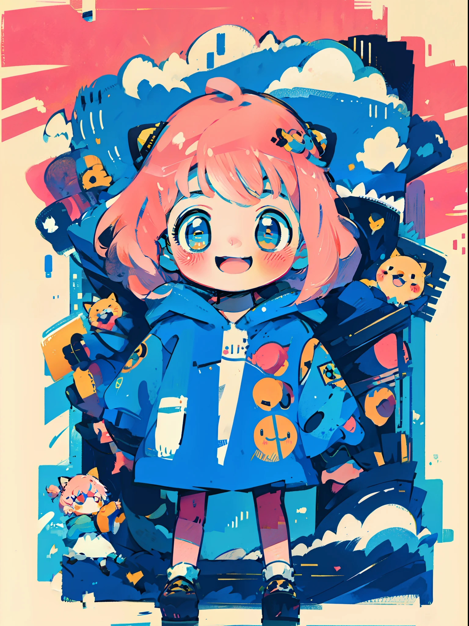 Anya Forger, 1child, pink hair, happy, kawaii, , doodles, front view, smile, blush,