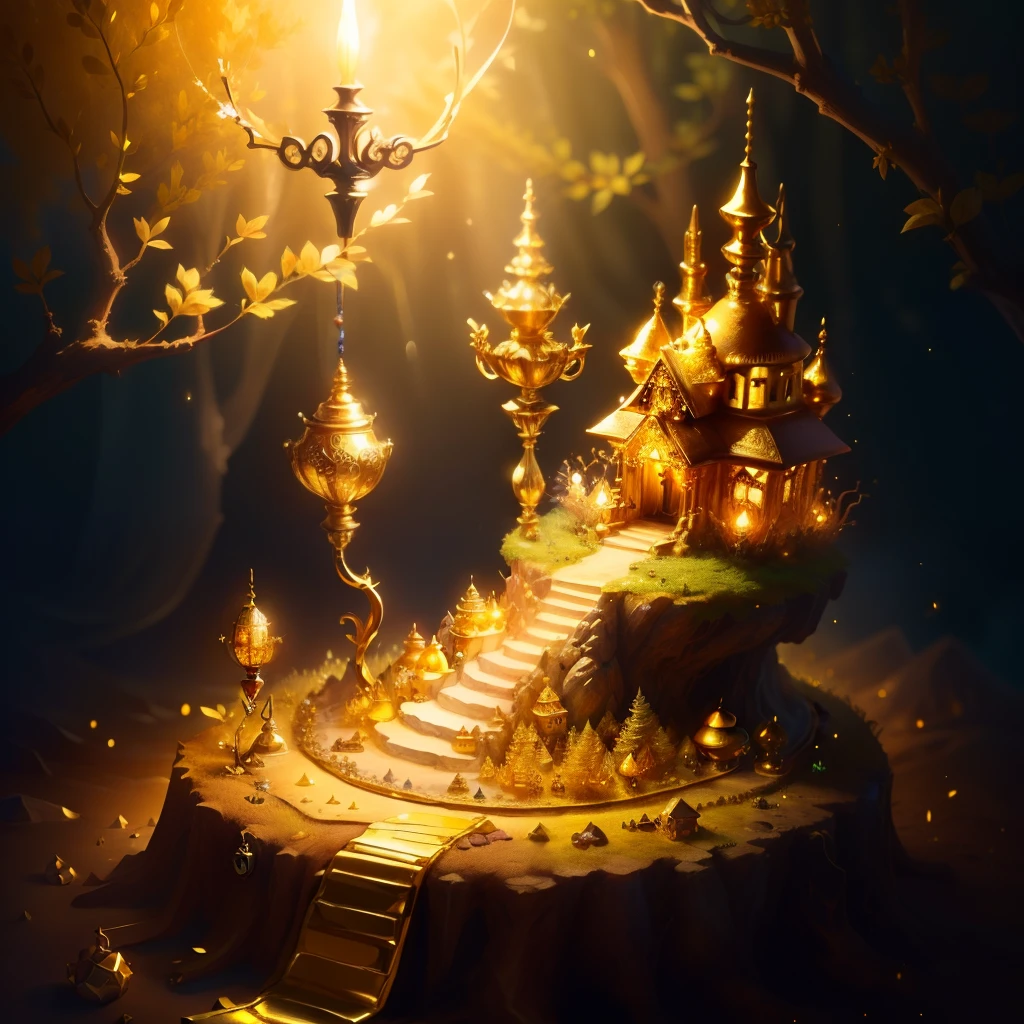 ant hill filled with piles of gold and treasures, magic lamp on top, jewelry, fantasy forest ambiance