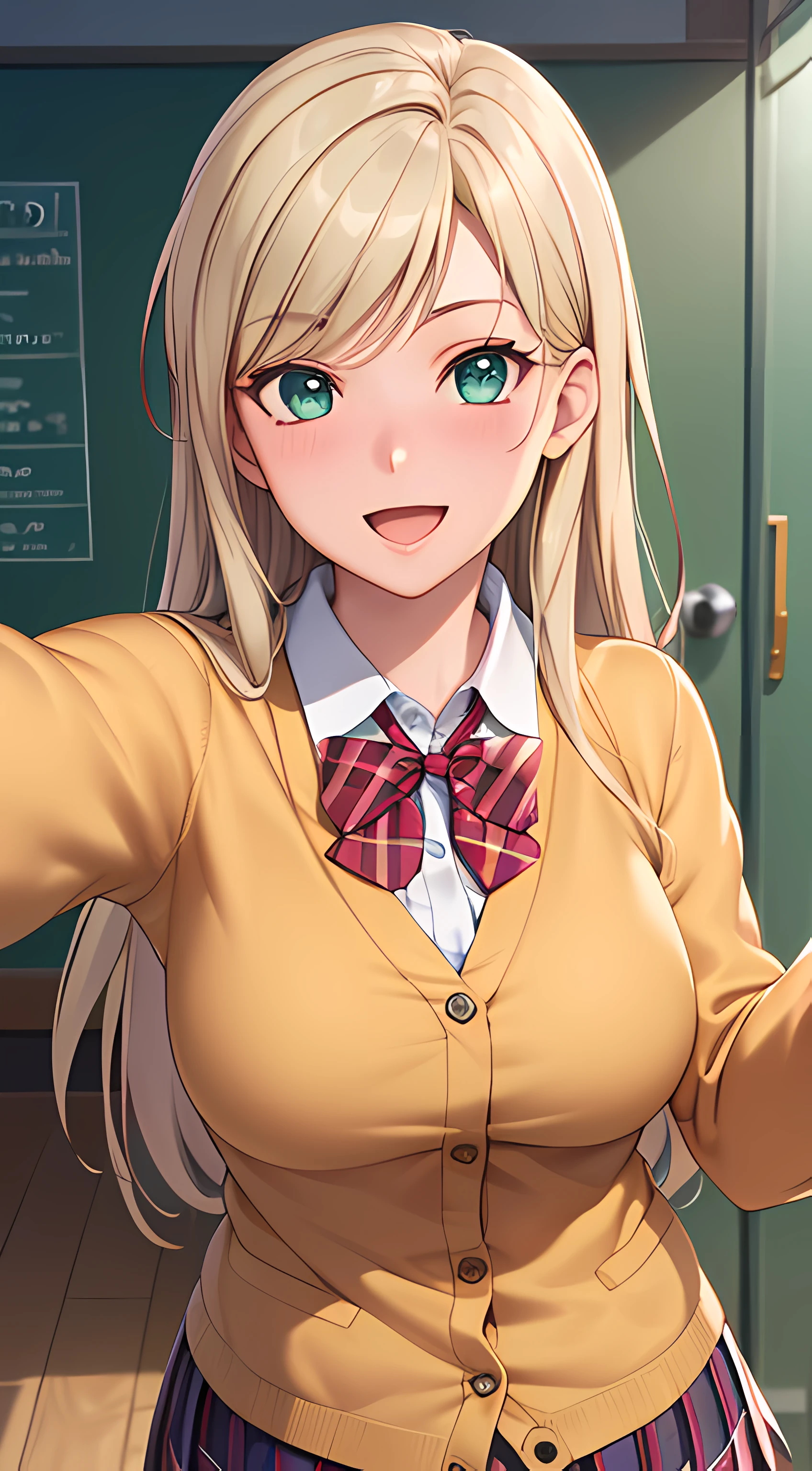 ((masterpiece, best quality, highres, UHD, perfect pixel, depth of field, 4k, RTX, HDR))), 1girl, single, solo, beautiful anime girl, beautiful artstyle, anime character, ((long hair, parted bangs, blonde hair)), (green eyes:1.4, rounded eyes, beautiful eyelashes, realistic eyes), (detailed face, blushing:1.2), (smooth texture:0.75, realistic texture:0.65, photorealistic:1.2, anime CG style), medium breasts, (selfie, dynamic angle, dynamic pose:1.4, pov, close up, looking to viewer), perfect body, busty, ((JK school uniform, plaid skirts, neck bowtie, cardigan)), smile, open mouth, amusement park