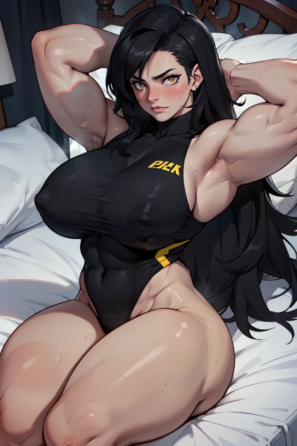 1girl (bodybuilder huge breasts) black hair yellow eyes solo sweaty very long hair pale skin laying in bed blushing dark atmosphere