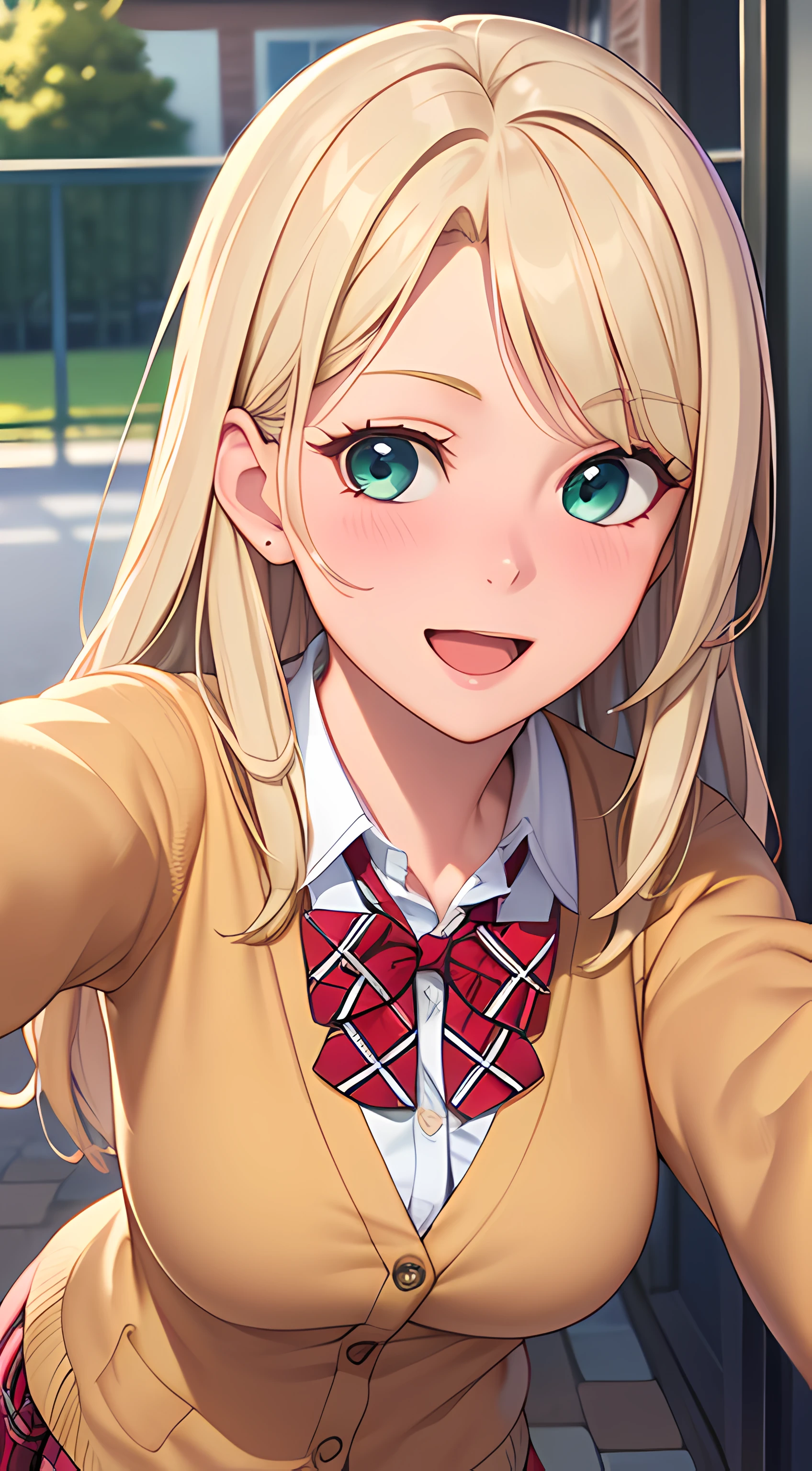 ((masterpiece, best quality, highres, UHD, perfect pixel, depth of field, 4k, RTX, HDR))), 1girl, single, solo, beautiful anime girl, beautiful artstyle, anime character, ((long hair, parted bangs, blonde hair)), (green eyes:1.4, rounded eyes, beautiful eyelashes, realistic eyes), (detailed face, blushing:1.2), (smooth texture:0.75, realistic texture:0.65, photorealistic:1.2, anime CG style), medium breasts, (selfie, dynamic angle, dynamic pose:1.4, pov, close up, looking to viewer), perfect body, busty, ((JK school uniform, plaid skirts, neck bowtie, cardigan)), smile, open mouth, amusement park