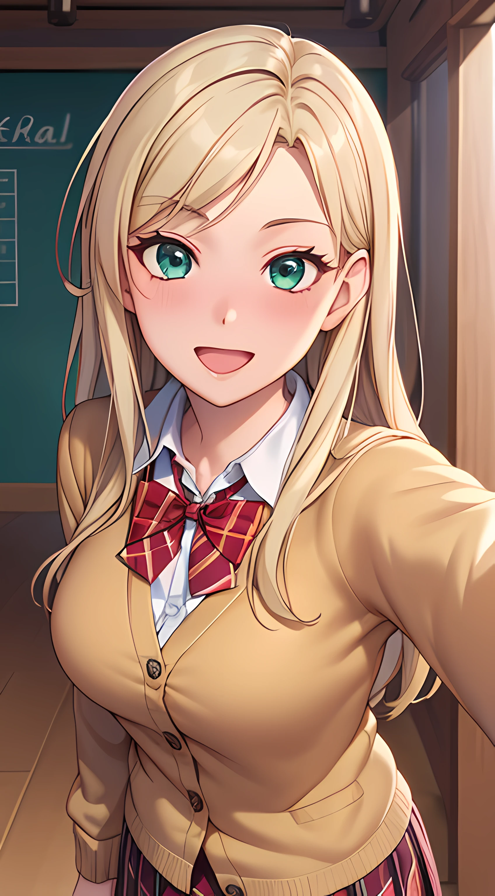((masterpiece, best quality, highres, UHD, perfect pixel, depth of field, 4k, RTX, HDR))), 1girl, single, solo, beautiful anime girl, beautiful artstyle, anime character, ((long hair, parted bangs, blonde hair)), (green eyes:1.4, rounded eyes, beautiful eyelashes, realistic eyes), (detailed face, blushing:1.2), (smooth texture:0.75, realistic texture:0.65, photorealistic:1.2, anime CG style), medium breasts, (selfie, dynamic angle, dynamic pose:1.4, pov, close up, looking to viewer), perfect body, busty, ((JK school uniform, plaid skirts, neck bowtie, cardigan)), smile, open mouth, amusement park