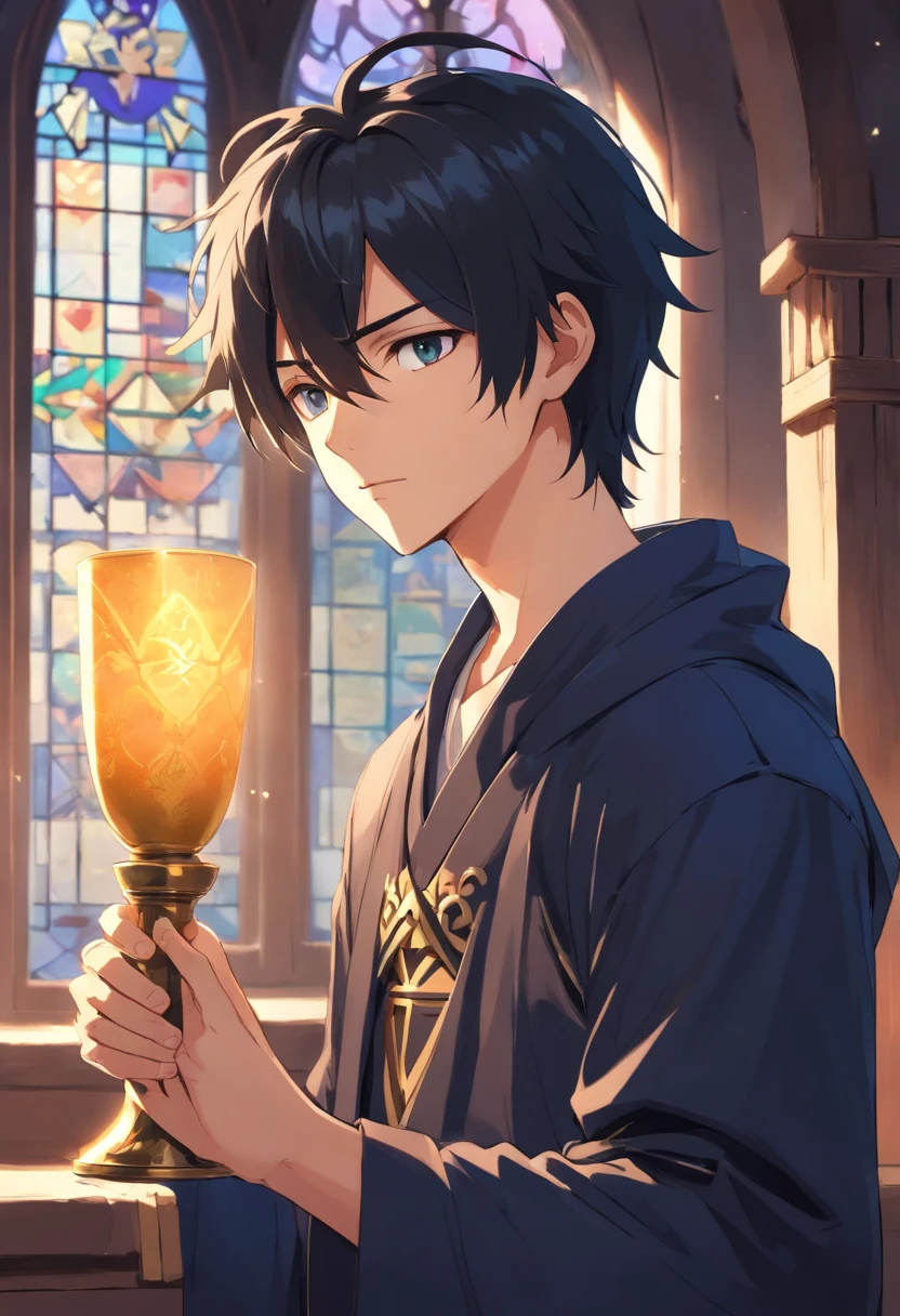 1male, young, moody, sad, {holding a chalice}, upper body focus, black clothes, medieval, noble, in front of a window, black hair, black eyes, pale skin, messy long hair, {birthmark on face}, fantasy concept art