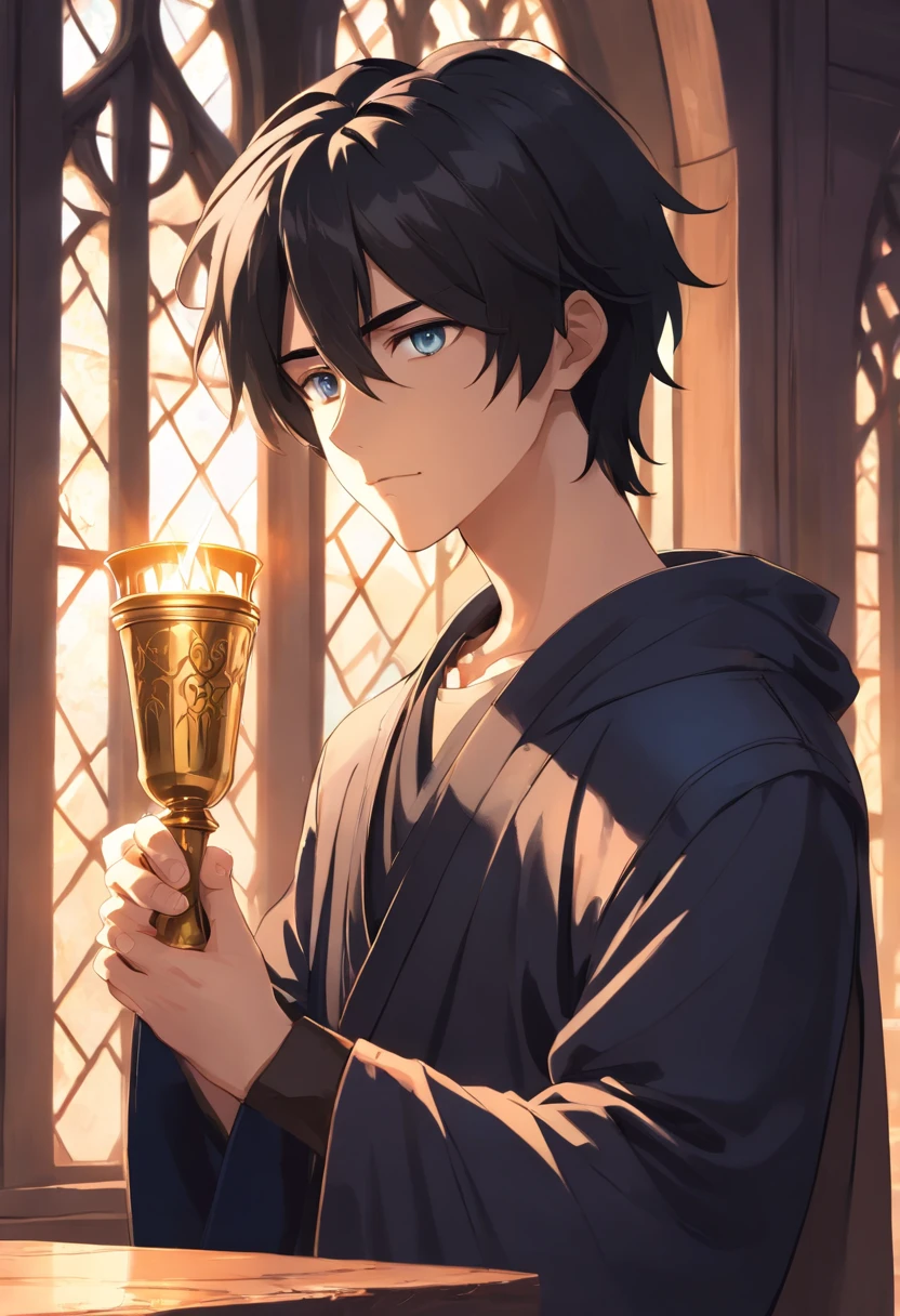 1male, young, moody, sad, {holding a chalice}, upper body focus, black clothes, medieval, noble, in front of a window, black hair, black eyes, pale skin, messy long hair, {birthmark on face}, fantasy concept art