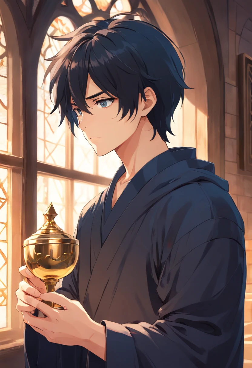 1male, young, moody, sad, {holding a chalice}, upper body focus, black clothes, medieval, noble, in front of a window, black hair, black eyes, pale skin, messy long hair, {birthmark on face}, fantasy concept art
