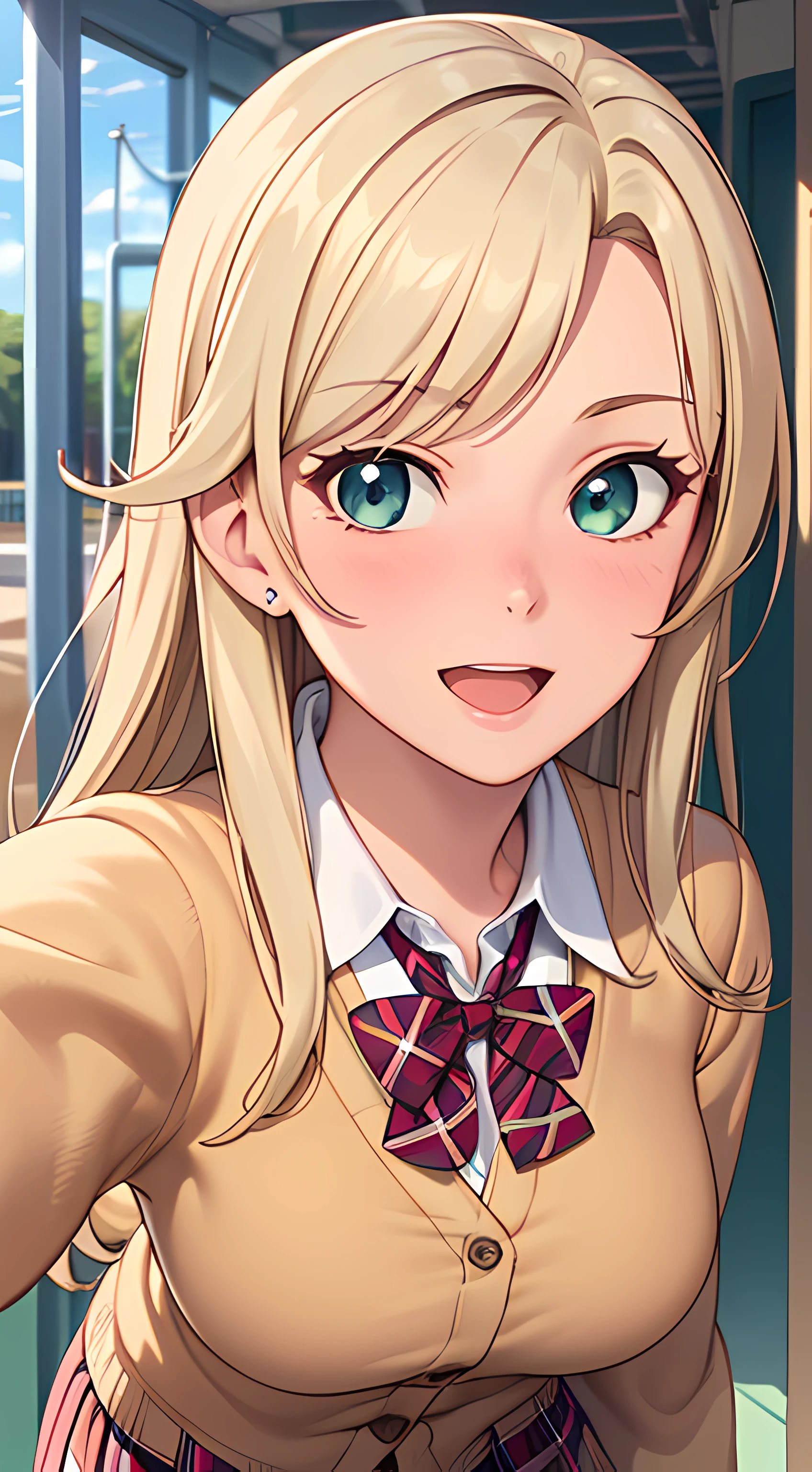((masterpiece, best quality, highres, UHD, perfect pixel, depth of field, 4k, RTX, HDR))), 1girl, single, solo, beautiful anime girl, beautiful artstyle, anime character, ((long hair, parted bangs, blonde hair)), (green eyes:1.4, rounded eyes, beautiful eyelashes, realistic eyes), (detailed face, blushing:1.2), (smooth texture:0.75, realistic texture:0.65, photorealistic:1.2, anime CG style), medium breasts, (selfie, dynamic angle, dynamic pose:1.4, pov, close up, looking to viewer), perfect body, busty, ((JK school uniform, plaid skirts, neck bowtie, cardigan)), smile, open mouth, amusement park