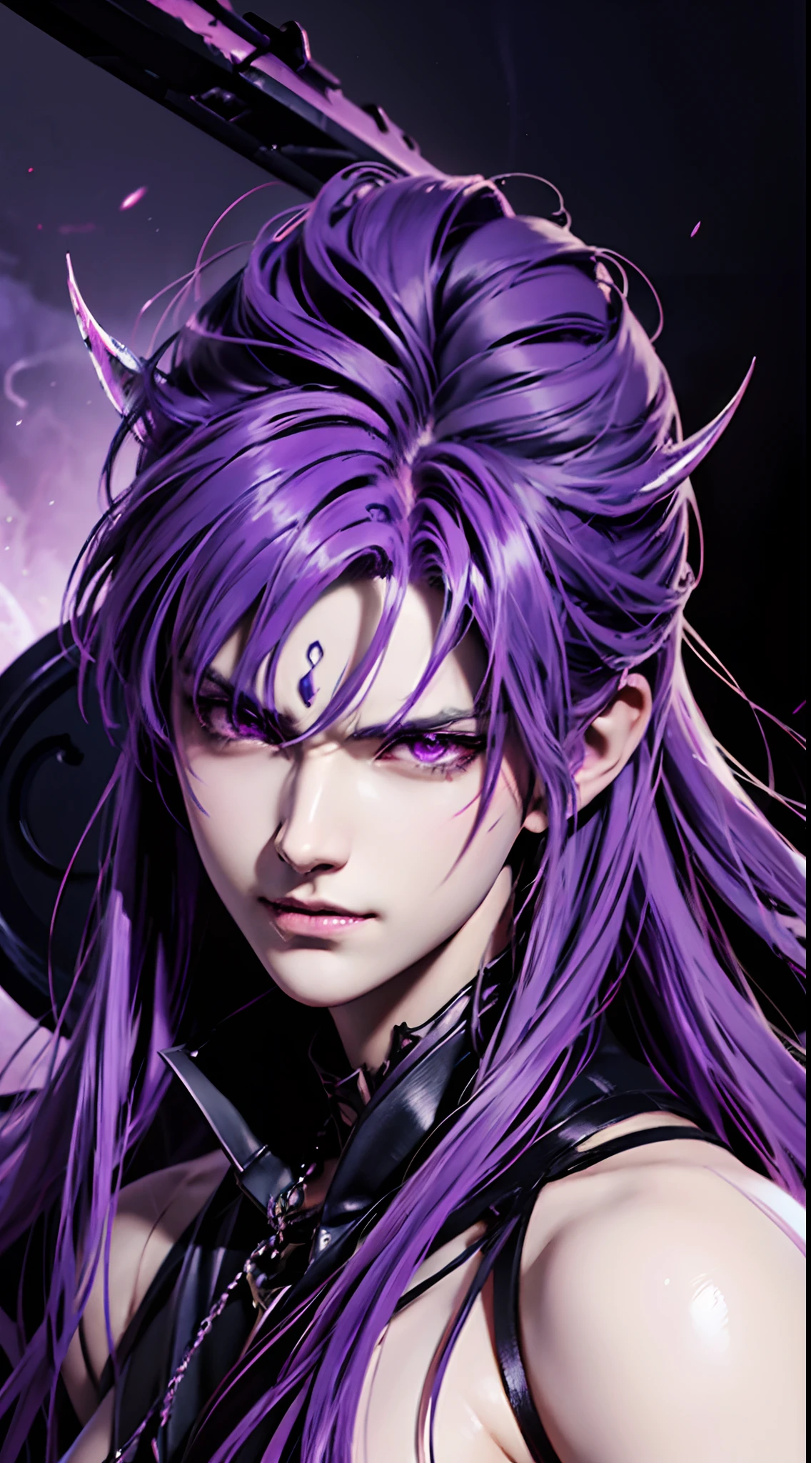 anime character with purple hair and glowing eyes in front of a dark background, handsome guy in demon slayer art, epic fantasy art style, badass anime 8 k, epic fantasy digital art style, detailed digital anime art, human male demon, portrait of hades, epic fantasy art style hd, fierce expression 4k, demon male, extremely detailed artgerm