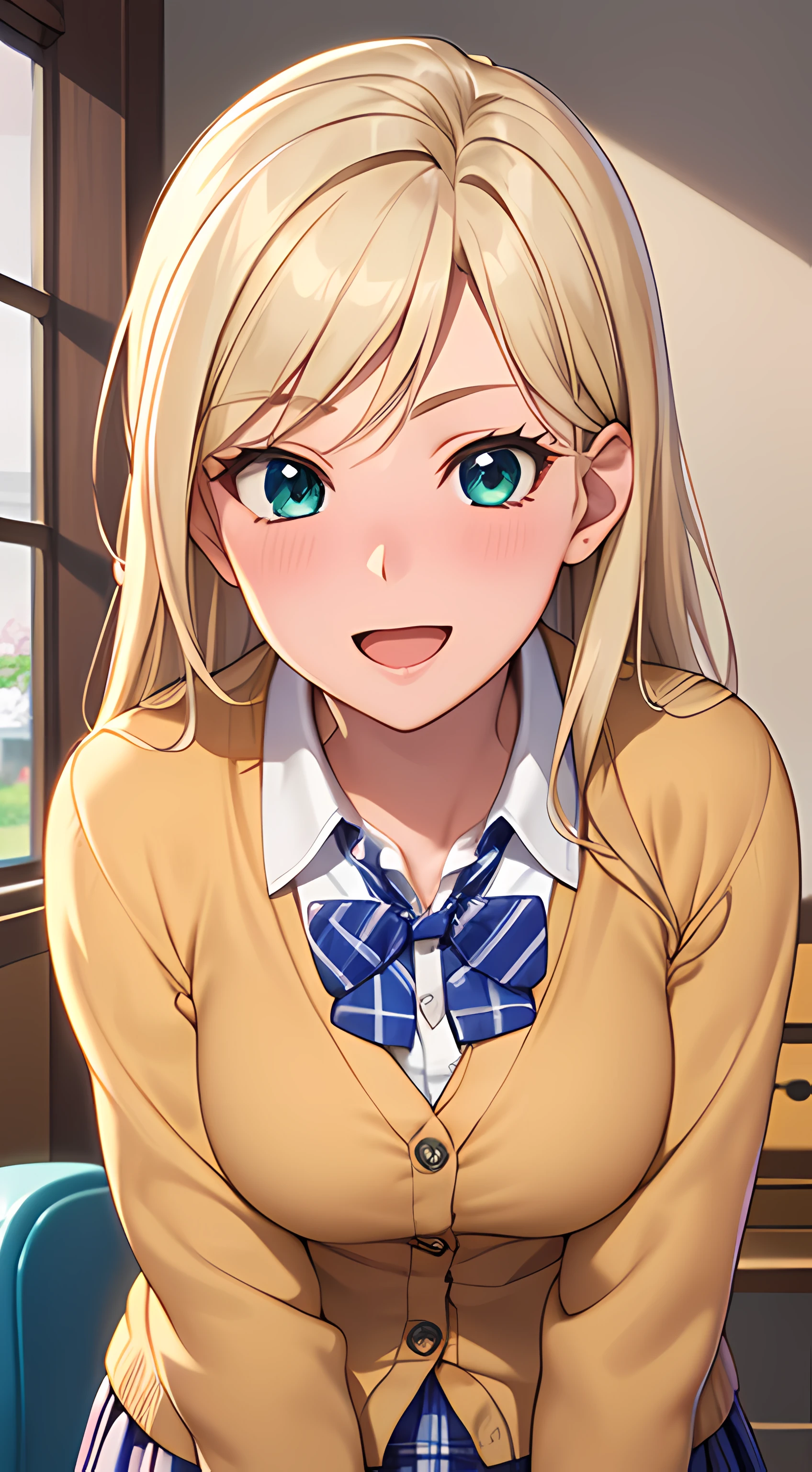 ((masterpiece, best quality, highres, UHD, perfect pixel, depth of field, 4k, RTX, HDR))), 1girl, single, solo, beautiful anime girl, beautiful artstyle, anime character, ((long hair, parted bangs, blonde hair)), (green eyes:1.4, rounded eyes, beautiful eyelashes, realistic eyes), (detailed face, blushing:1.2), (smooth texture:0.75, realistic texture:0.65, photorealistic:1.2, anime CG style), medium breasts, (dynamic angle, dynamic pose:1.4, pov, looking to viewer), perfect body, busty, ((JK school uniform, plaid skirts, neck bowtie, cardigan)), smile, open mouth, leaning forward, amusement park