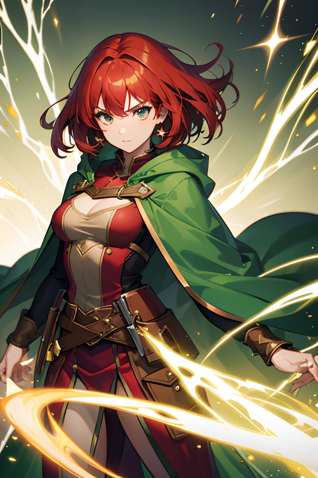 woman with red hair, brown eyes, green magic, green cloak, conservative, mystery, brown eyes, sparkles