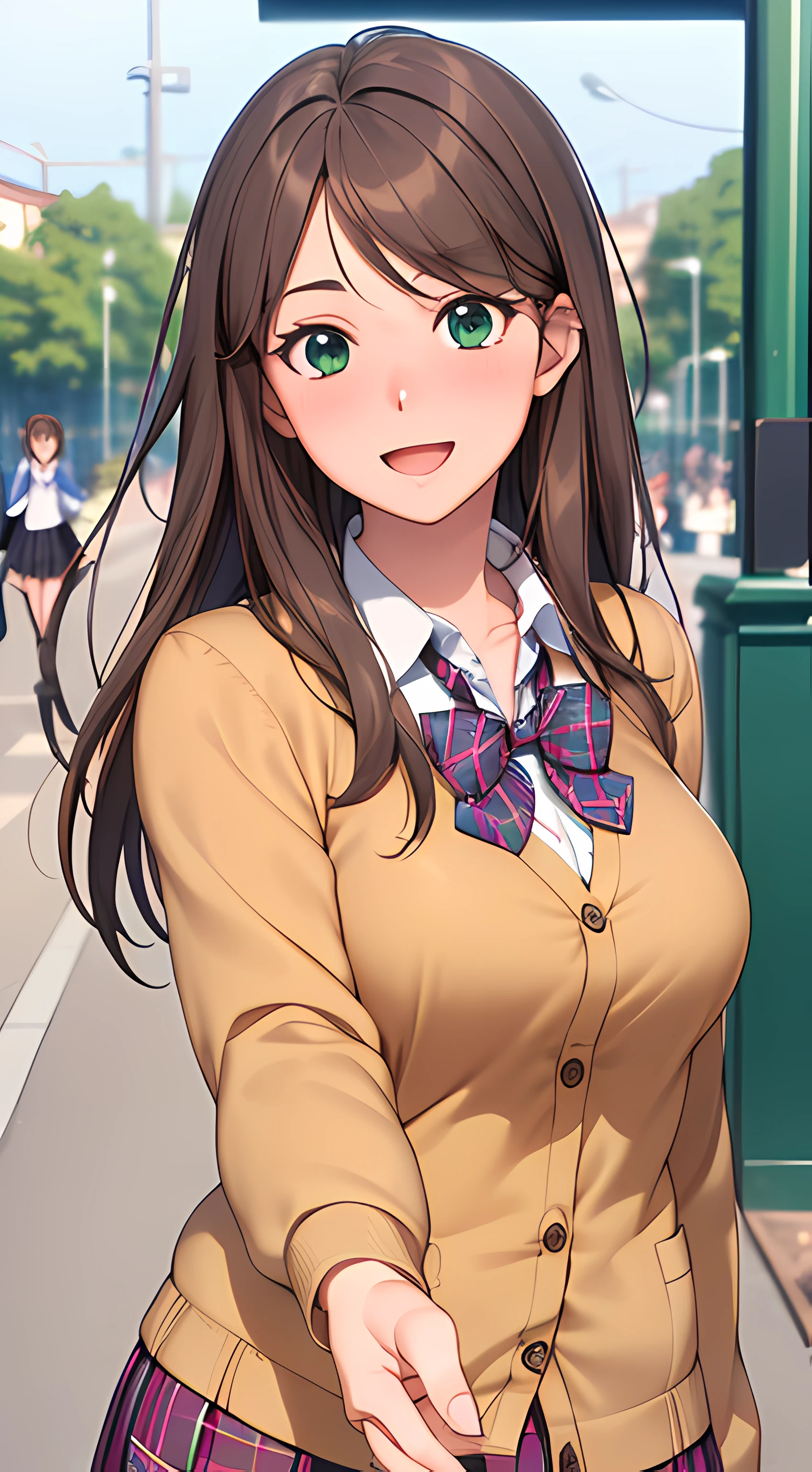 ((masterpiece, best quality, highres, UHD, perfect pixel, depth of field, 4k, RTX, HDR))), 1girl, single, solo, beautiful anime girl, beautiful artstyle, anime character, ((long hair, parted bangs, brown hair)), (green eyes:1.4, rounded eyes, beautiful eyelashes, realistic eyes), (detailed face, blushing:1.2), (smooth texture:0.75, realistic texture:0.65, photorealistic:1.2, anime CG style), medium breasts, (dynamic angle, dynamic pose:1.4, looking to viewer), perfect body, busty, ((JK school uniform, plaid skirts, neck bowtie, cardigan)), smile, open mouth, leaning forward, amusement park