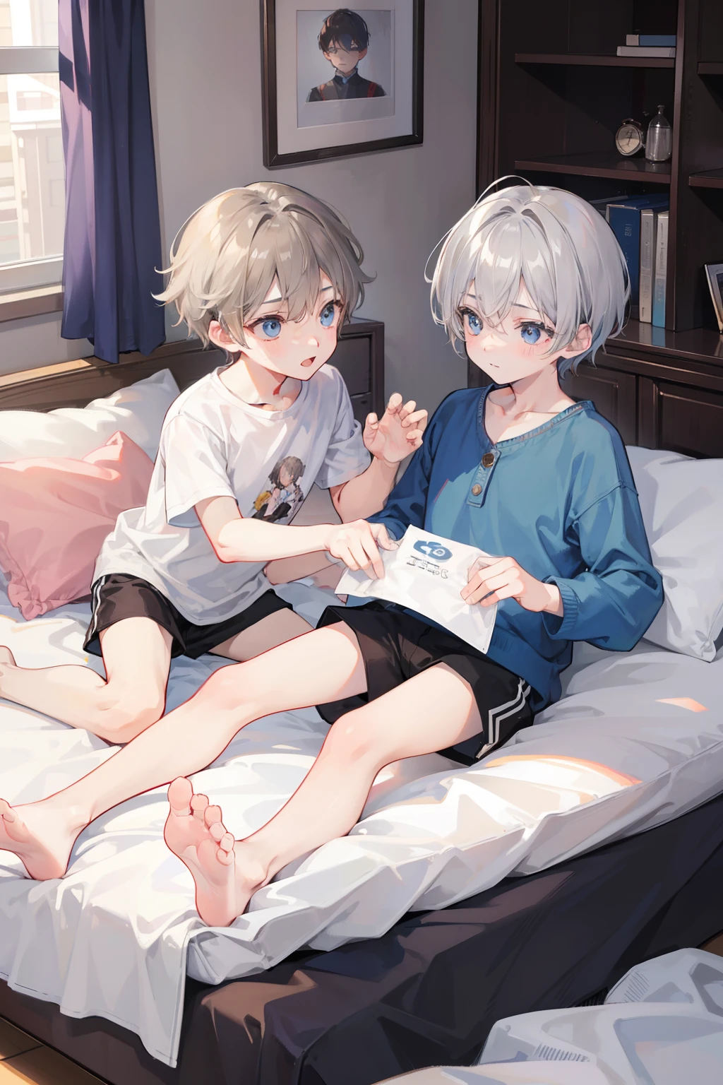 Two Boys, Silver-haired boy and brown-haired boy,Boy's room、a bed、Boys Love、Talking、hight resolution、ultra-detailliert