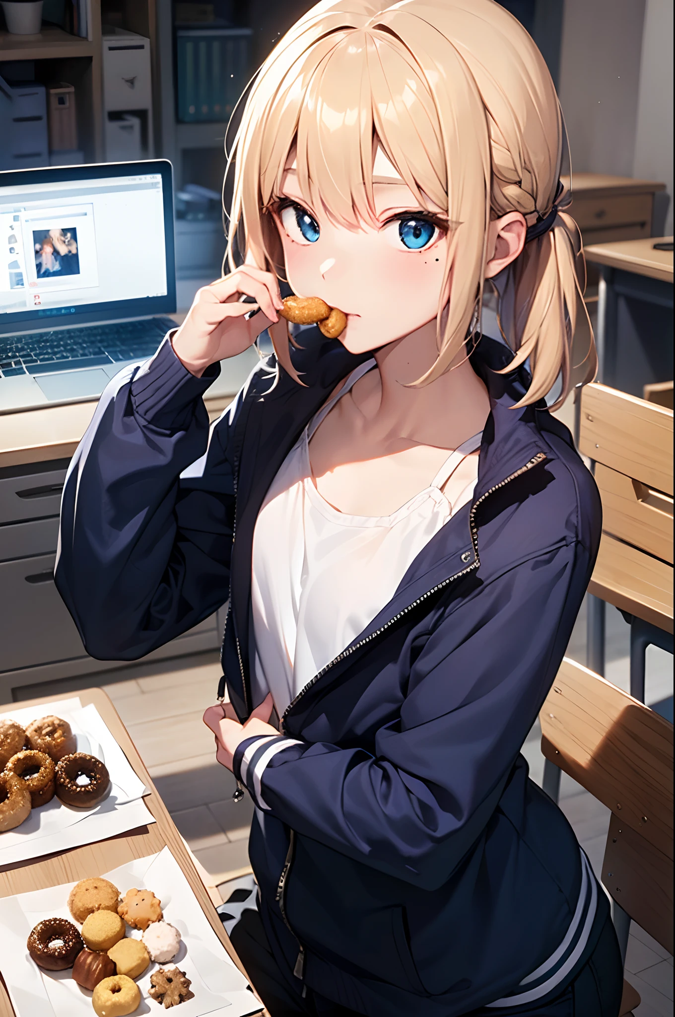 (Girl with a nasty appearance:1.3)、(Daytime:1.5)、(and chest:1.4)、Raw photography, top-quality, hight resolution, (masterpiece), (Photorealsitic:1.4), (Mole under the eyes),Anime Cosplay, foco nítido, nffsw, 8K分辨率, intricate detailes, depth of fields, the Extremely Detailed CG Unity 8K Wallpapers, front lit, femele,25-years old、 Happy face,(tying hair:1.5)、see -through、(Medium Gold Hair)、blue eyess,(Company Desk:1.5)、(jaket:1.3)、(Full body depiction)、(Eating sweets)、Donuts
