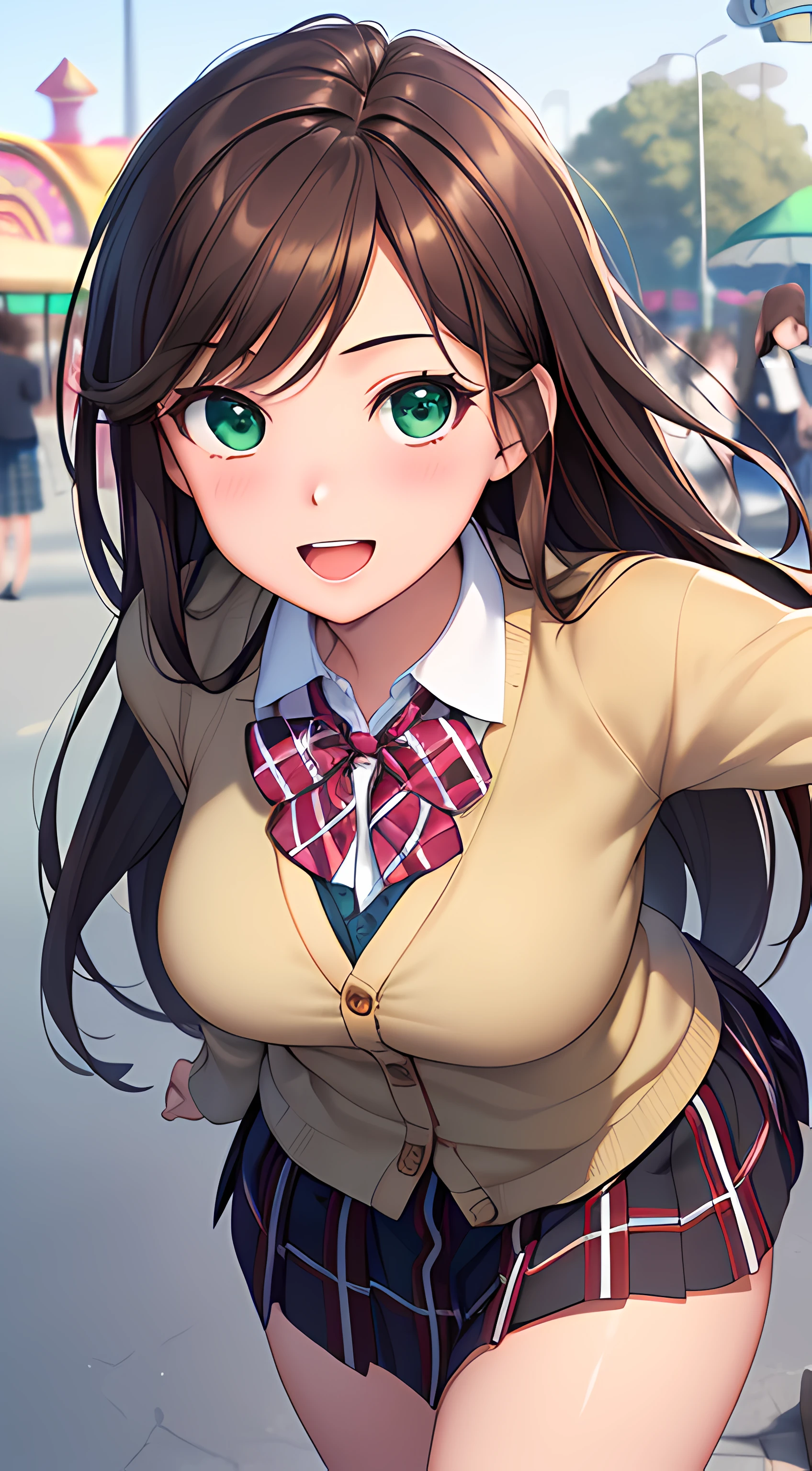((masterpiece, best quality, highres, UHD, perfect pixel, depth of field, 4k, RTX, HDR)), 1girl, single, solo, beautiful anime girl, beautiful artstyle, anime character, ((long hair, parted bangs, brown hair)), (green eyes:1.4, rounded eyes, beautiful eyelashes, realistic eyes), (detailed face, blushing:1.2), (smooth texture:0.75, realistic texture:0.65, photorealistic:1.2, anime CG style), medium breasts, (dynamic angle, dynamic pose:1.4, looking to viewer), perfect body, busty, ((JK school uniform, plaid skirts, neck bowtie, cardigan)), smile, open mouth, leaning forward, amusement park