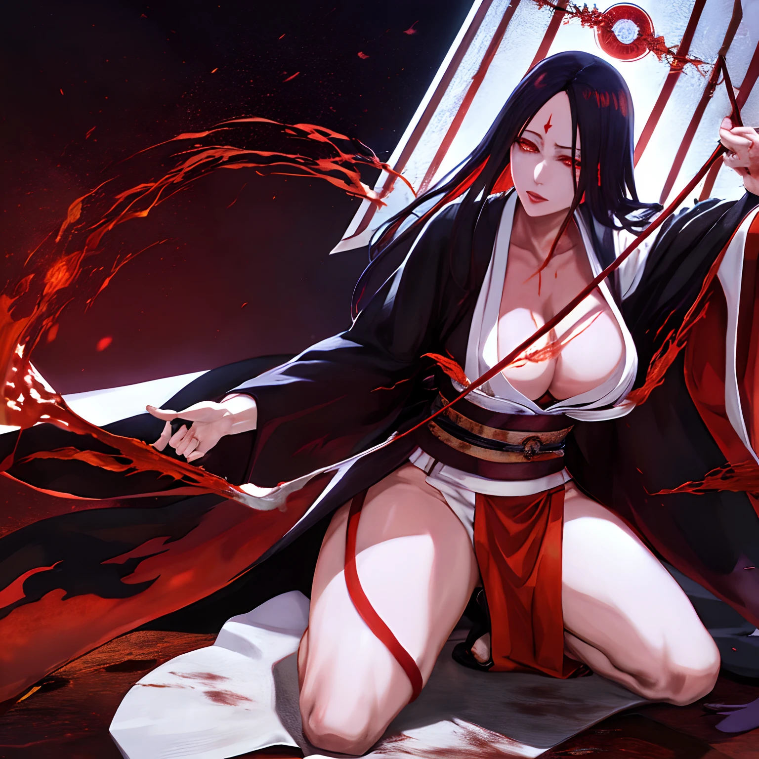 Unohana, solo, kimono , red eyes, haori, Temple , orange moon, scar on chest, parted lips, thick thighs , big breasts, bankai, blood