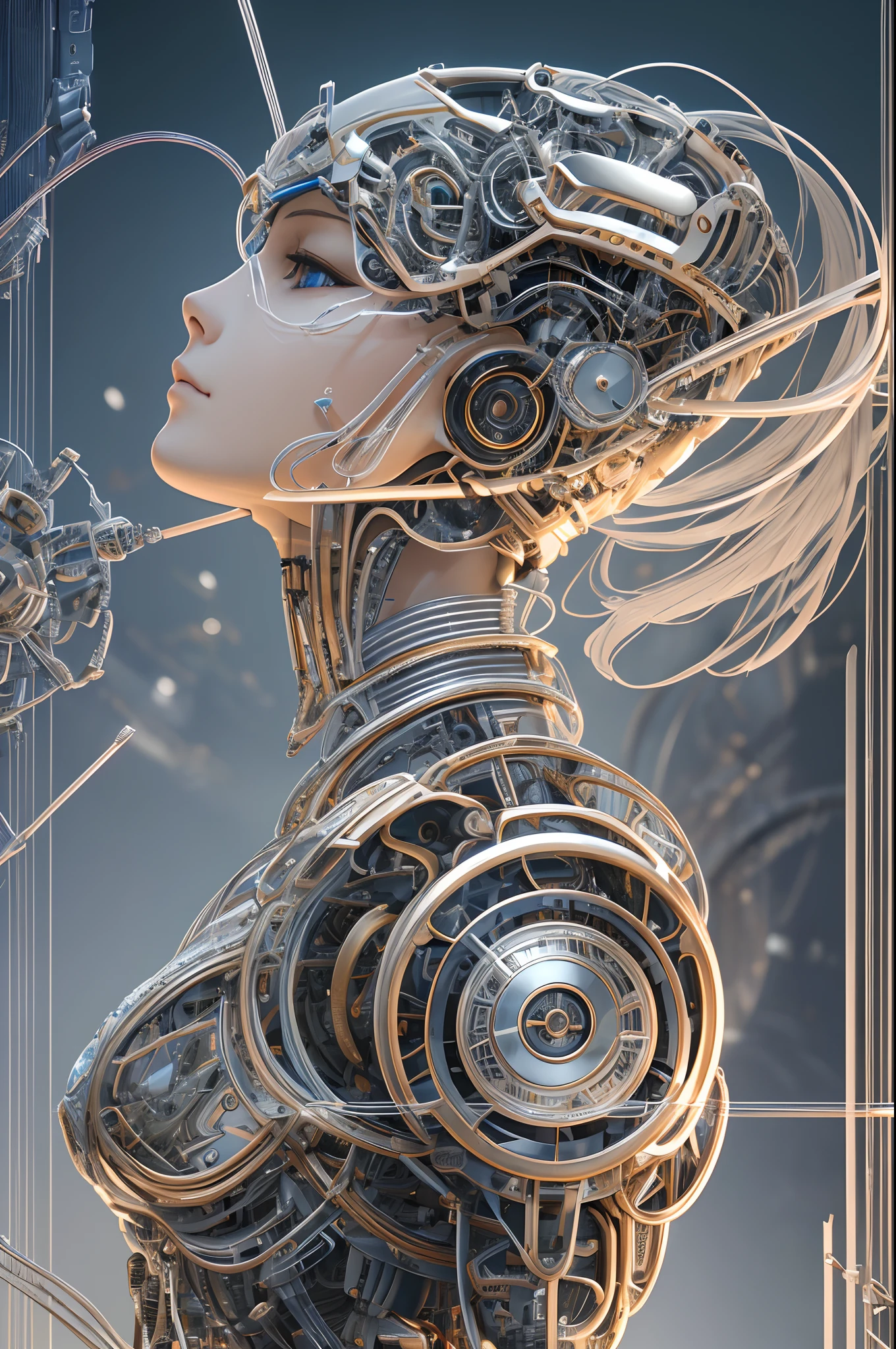 complex 3d render ultra detailed of a beautiful porcelain profile woman android face, cyborg, robotic parts, 150 mm, beautiful studio soft light, rim light, vibrant details, luxurious cyberpunk, lace, hyperrealistic, anatomical, facial muscles, cable electric wires, microchip, elegant, beautiful background, octane render, H. R. Giger style, 8k, best quality, masterpiece, illustration, an extremely delicate and beautiful, extremely detailed ,CG ,unity ,wallpaper, (realistic, photo-realistic:1.37),Amazing, finely detail, masterpiece,best quality,official art, extremely detailed CG unity 8k wallpaper, absurdres, incredibly absurdres, robot, silver halmet, full body --auto --s2