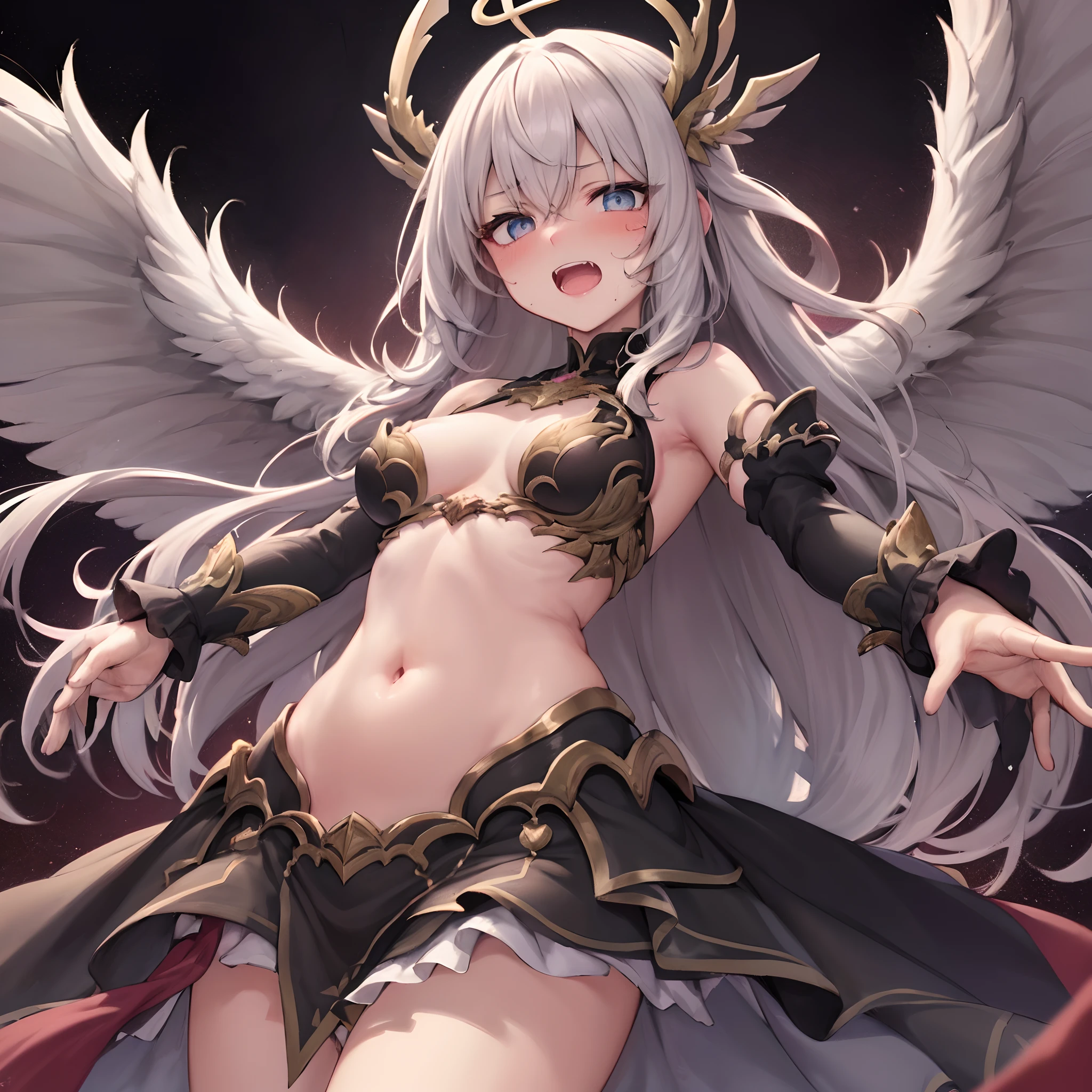 (((masutepiece))),(((Best Quality))),((Ultra-detailed)),(Illustration),(Dynamic Angle), ((floating)),(paint),((disheveled hair)), (Solo),(1girl in), ((Small_breasts)), (((Detailed anima face))),((beautifull detailed face)),Collar,Bare shoulders, White hair, ((Colorful hair)),((striated hair)), Beautiful detailed eyes,(Gradient color eyes),(((Colorful eyes))), (((Colorful background))),(((High color saturation))),(((Surrounded by colorful splashes))),(((surrounded by colorful dot))),colorful bubble,((Shining))(((red blush)))((Painful))(((A face that is holding back peeing to the limit)))((Mouth screaming in pain))((Heavy cloudy mucus dripping from the face))(((a large amount of heavy cloudy mucus dripping all over the body,,,,)))(((Open the female genitalia with your fingers)))((Thick love juice gushing out of female genitalia))((dishevled hair))(( Turbid liquid gets on the hair))1 woman, spreading her wings, wearing a coat of white feathers,,, Wings full of the back, Radiant Hello, long hair flowing, Mechanical wings dancing delicately at the waist, Medium Figure, Sunken navel, curtains of white feathers on the pelvis move slightly,,, Mini wings scattered on the body, multiple wings with a yellow sheen,, Soft yellow fire between the wings.