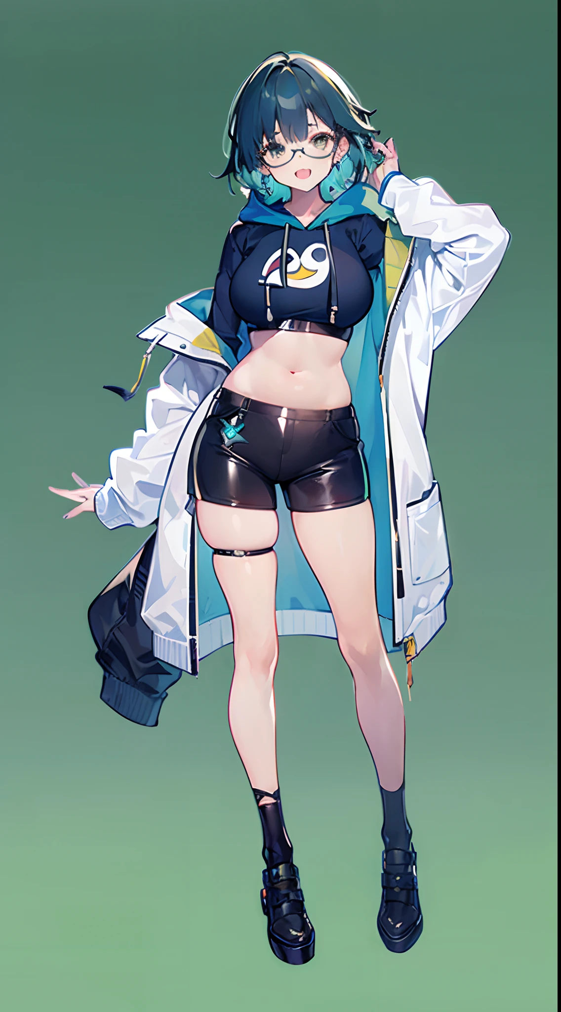 ((1girl)),(((full body))),(solo),(standing),((green background,simple background)),open mouth slightly,(((dark blue hair:1.2))),blonde striped hair,short hair, (((medium breasts))), Navel exposed,(tan skin:1.3), plump thighs, tareme, glasses, ((light smile)), fang, ((black leather short pants)),dark thigh high socks,  musical note earrings,ware over a long front-opening hoodie,ware over a penguin hoodie, take off the hood, (blue cropped shirt), ((((masterpiece)))), high quality, very_high_resolution, ulutra detailed, large_filesize, full color, anatomically correct