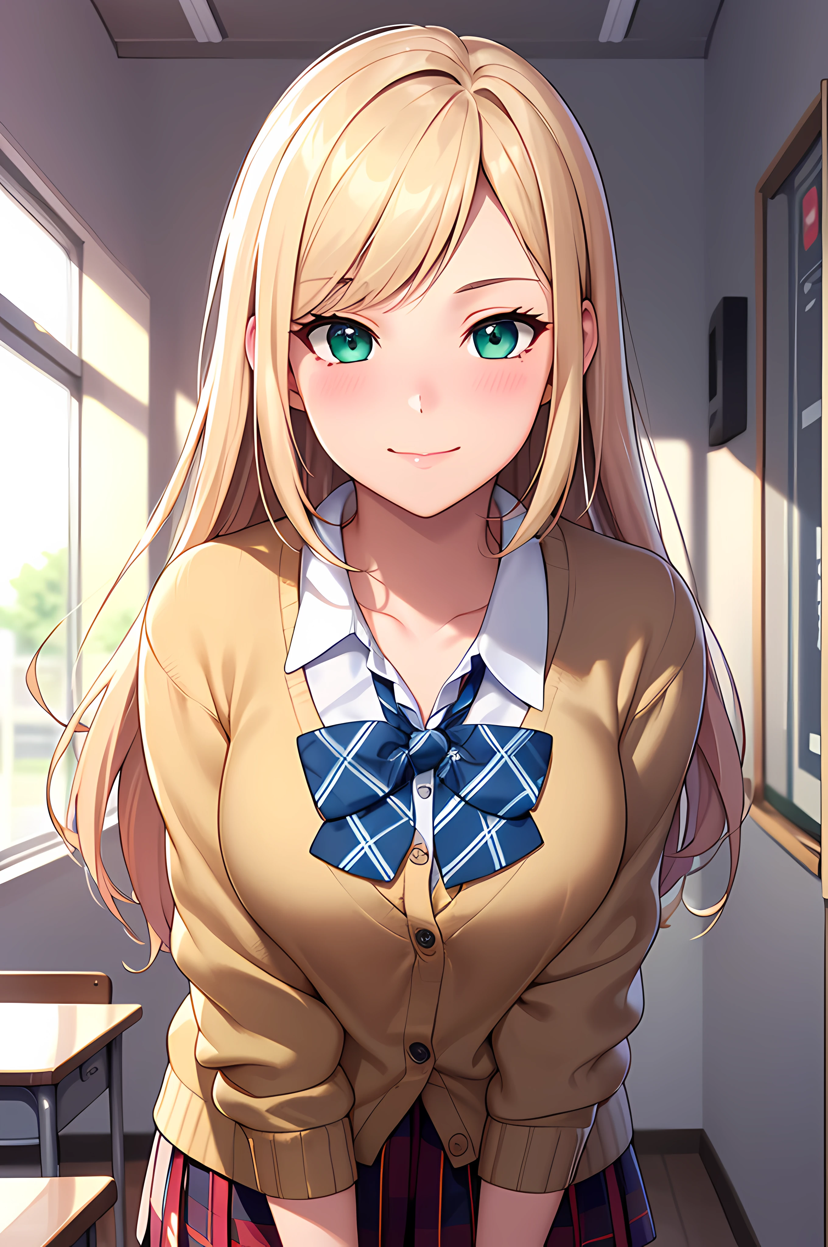 ((masterpiece, best quality, highres, UHD, perfect pixel, depth of field, 4k, RTX, HDR)), 1girl, single, solo, beautiful anime girl, official art, beautiful artstyle, anime character, ((long hair, parted bangs, blonde hair)), (green eyes:1.4, rounded eyes, beautiful eyelashes, realistic eyes), (detailed face, blushing:1.2), (smooth texture:0.75, realistic texture:0.65, photorealistic:1.1, anime CG style), medium breasts, perfect body, busty, (pov, close up), ((JK school uniform, plaid skirts, neck bowtie, cardigan)), natural light, indoor, classroom, school, sly smile, leaning forward, hands behind back